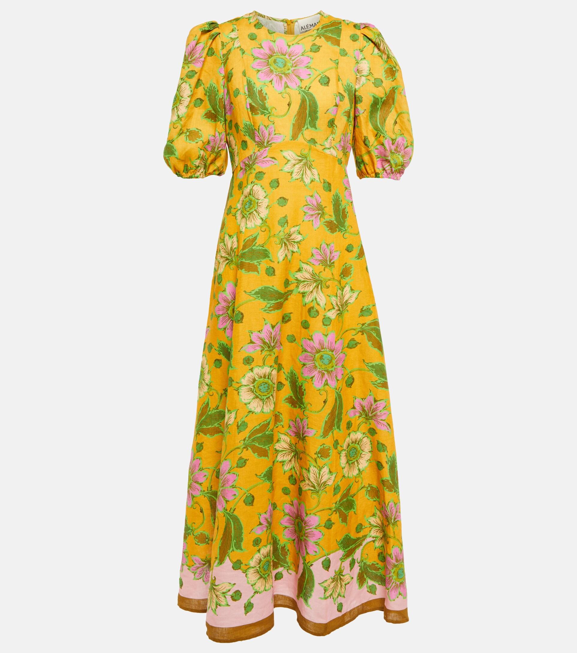 ALÉMAIS Alemais Winnie Floral Linen Midi Dress in Yellow Lyst