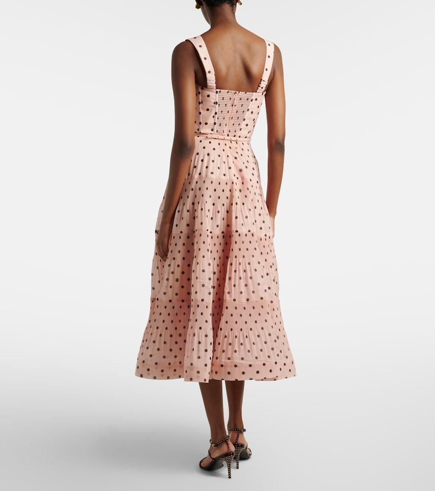 zimmermann pink polka dot dress ZIMMERMANN Pleated Draped Midi Dress | Pink Dot