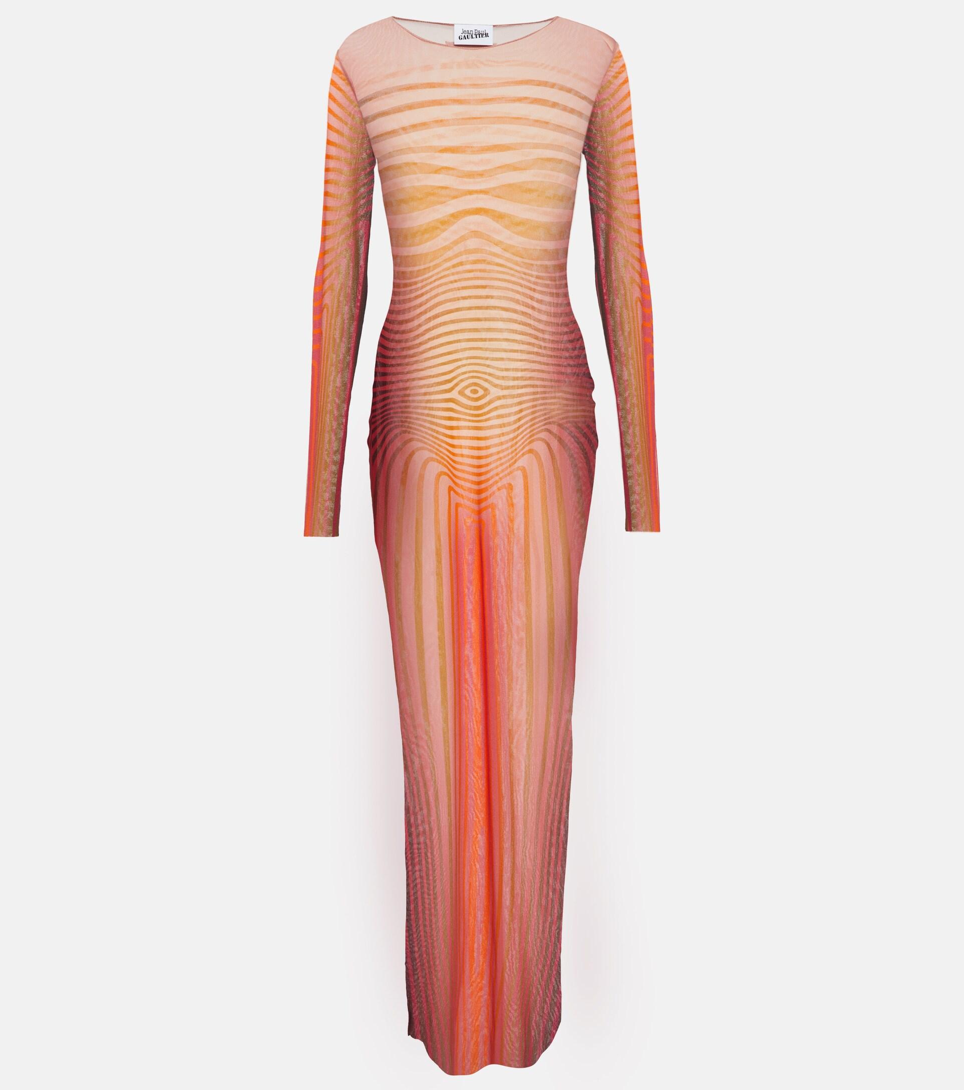 Jean Paul Gaultier Striped Mesh Maxi Dress in Orange | Lyst