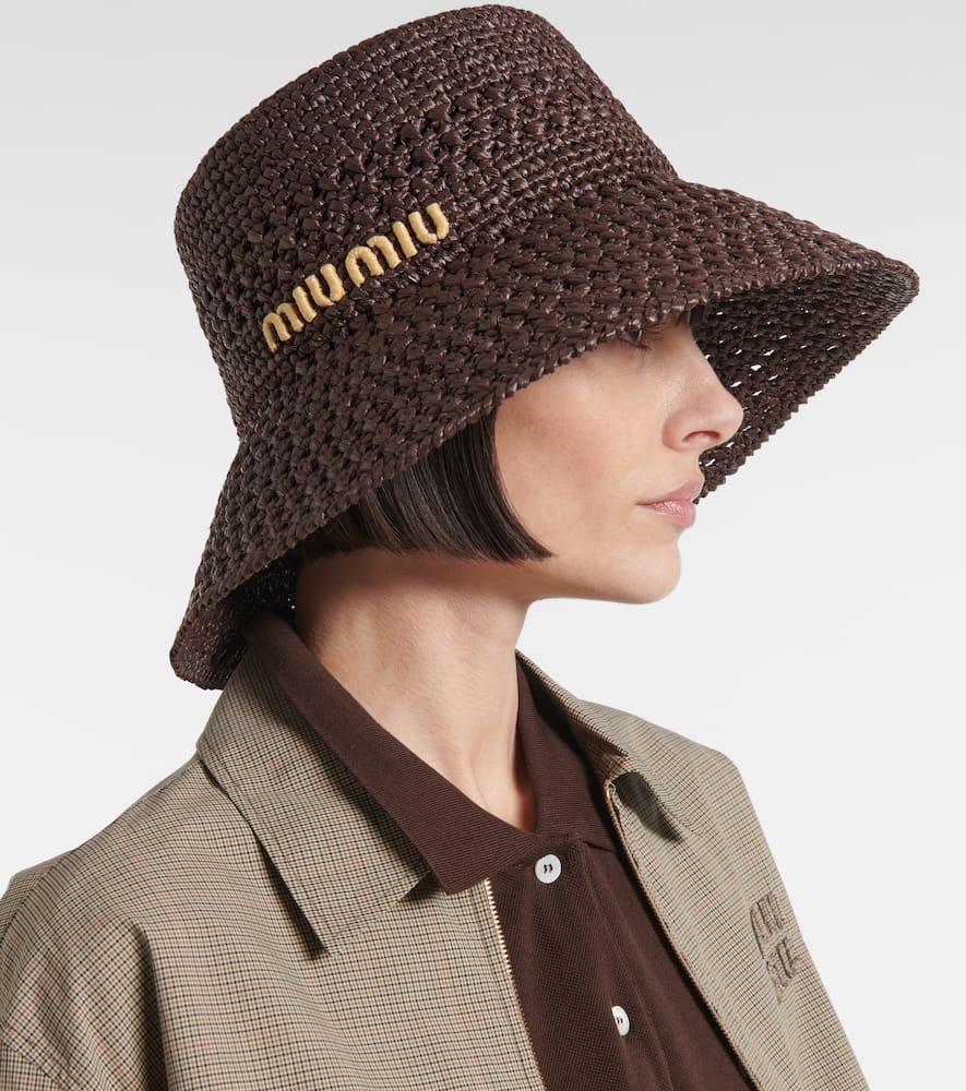 Miu Miu Logo Raffia-Effect Bucket Hat in Brown | Lyst display picture 1