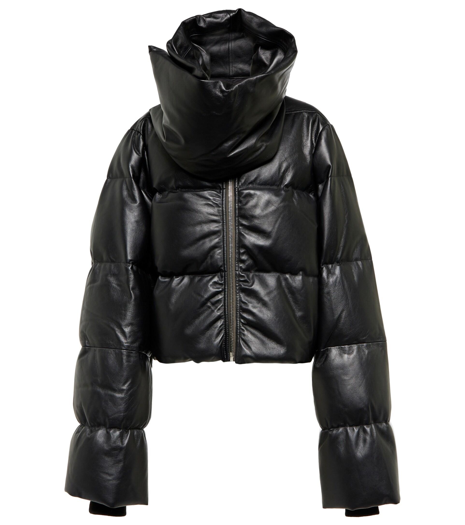 Rick Owens Funnel-neck Leather Down Jacket in Black | Lyst