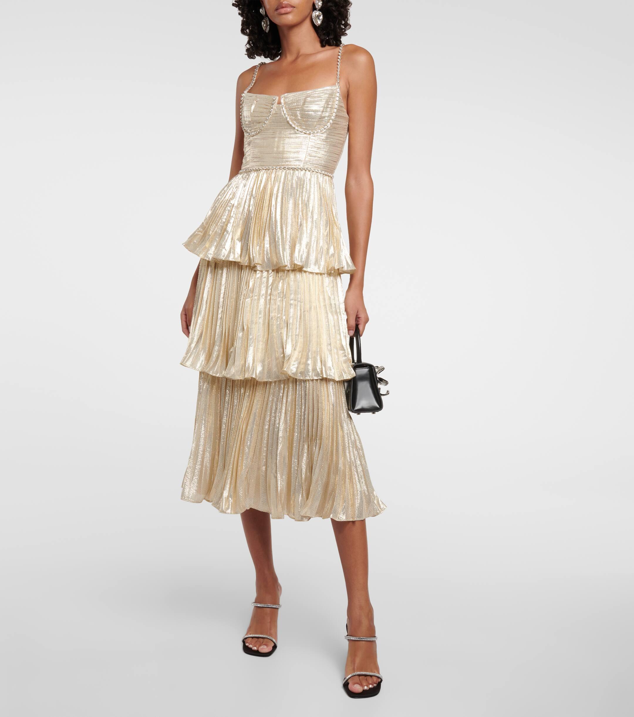 Self-Portrait Metallic Pleated Chiffon Tiered Midi Dress in Natural | Lyst  UK