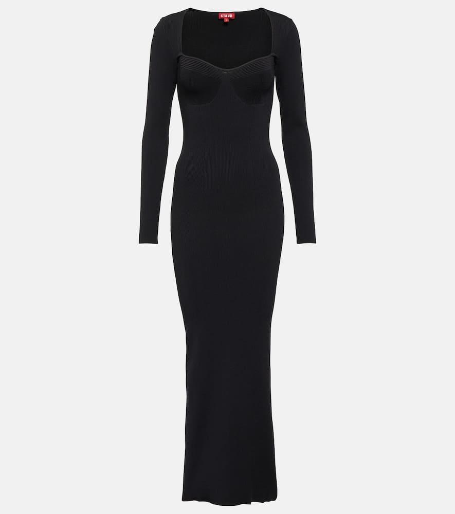 STAUD Silhouette Ribbed-knit Maxi Dress in Black