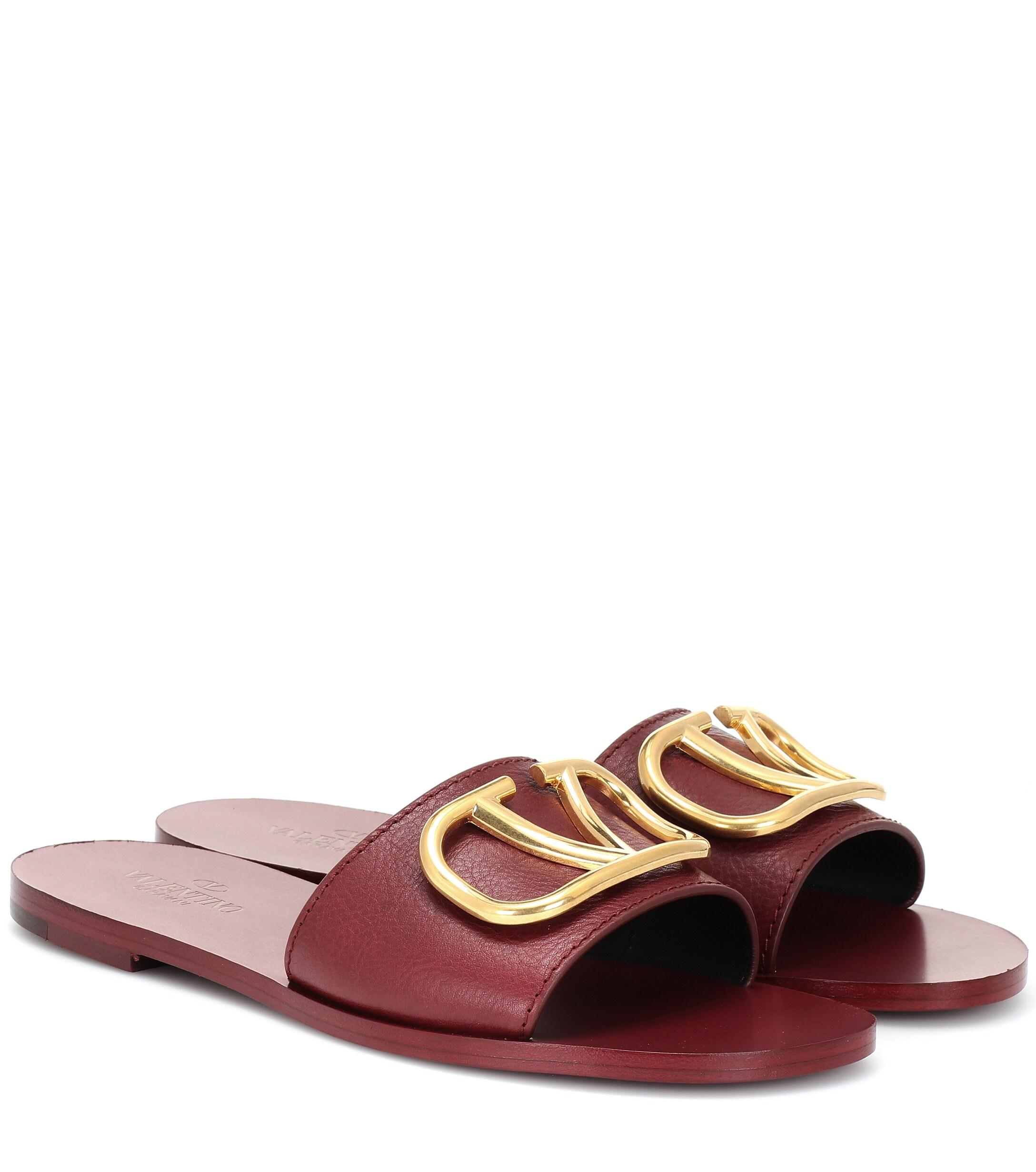 Valentino Vlogo Leather Slides in Red | Lyst