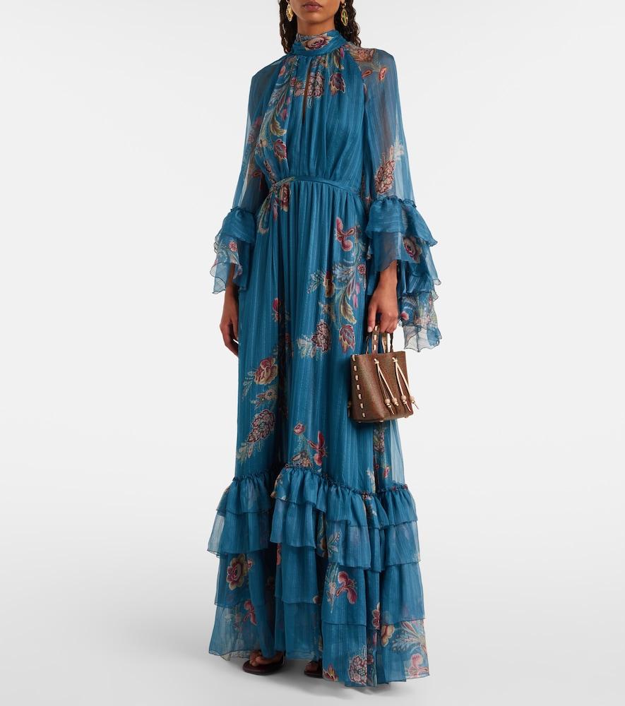 etro embroidered tiered dress Tiered tie-neck floral-print silk-crepon maxi dress - white
