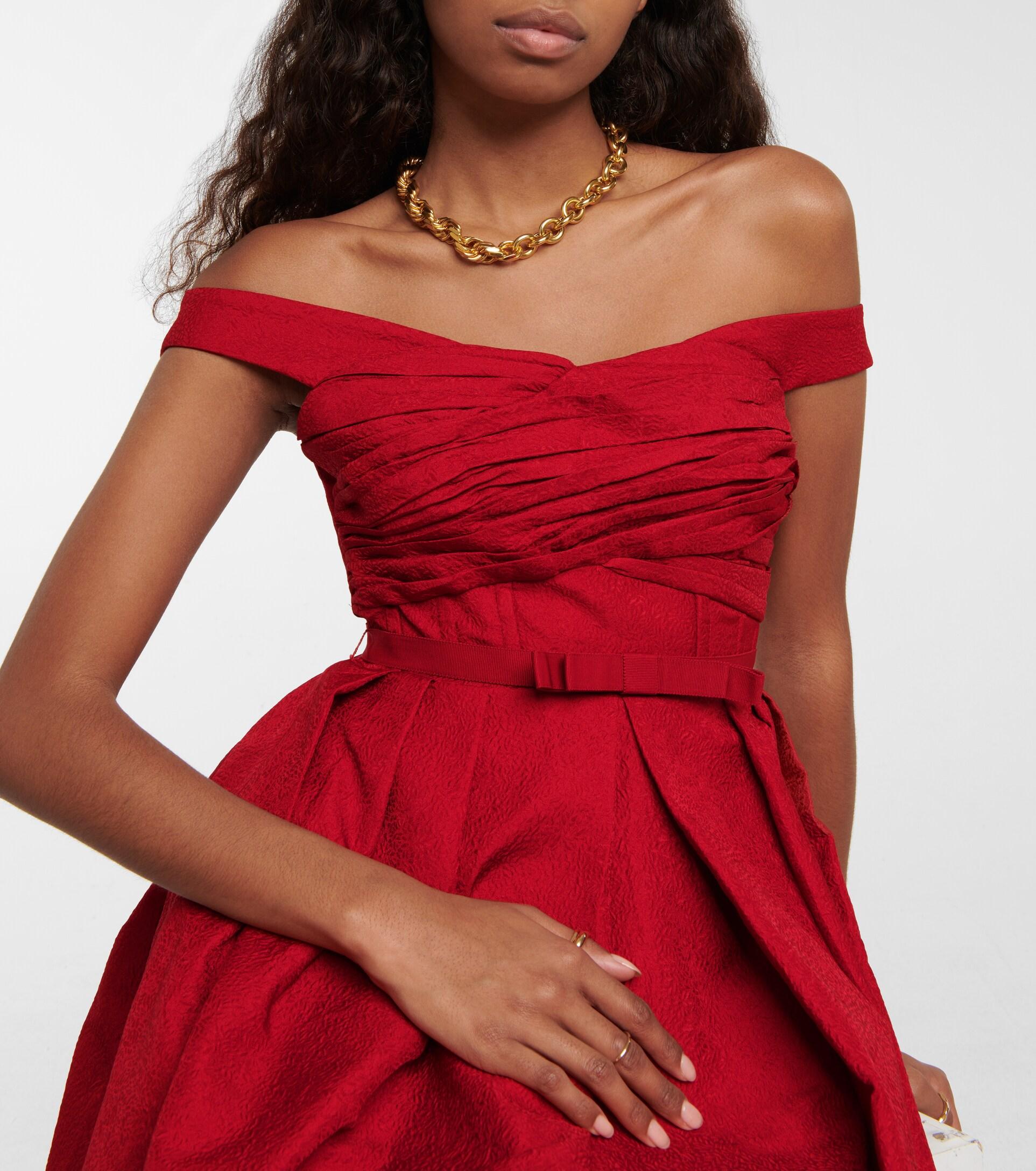 Self-Portrait Off-shoulder Cloque Midi Dress in Red | Lyst