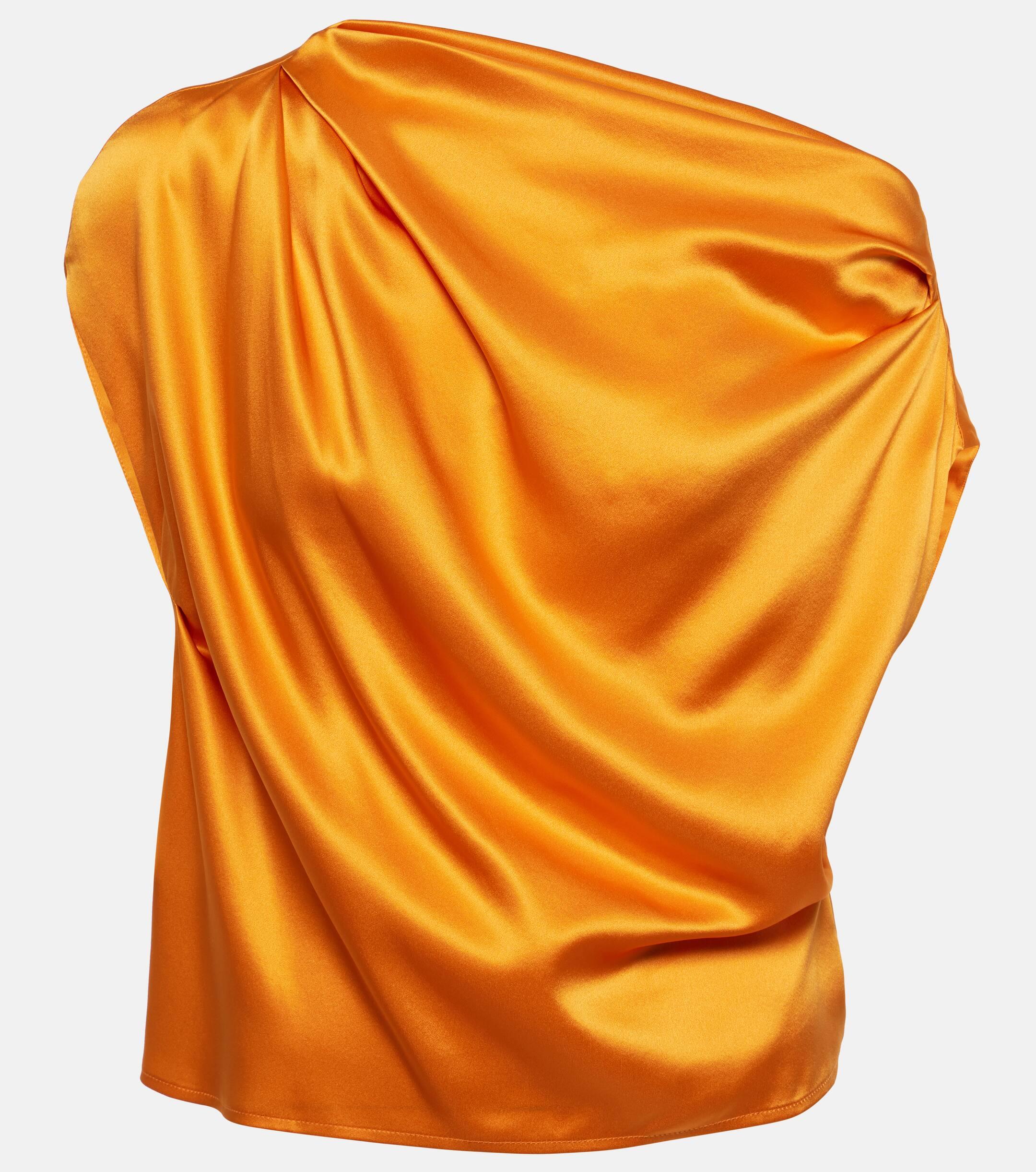 The Sei Draped One-shoulder Silk Top in Orange