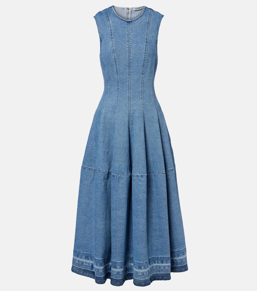 jonathan simkhai denim ruffle dress AKNVAS Devyn Saxe Blue Denim Ruffle Dress in Blue