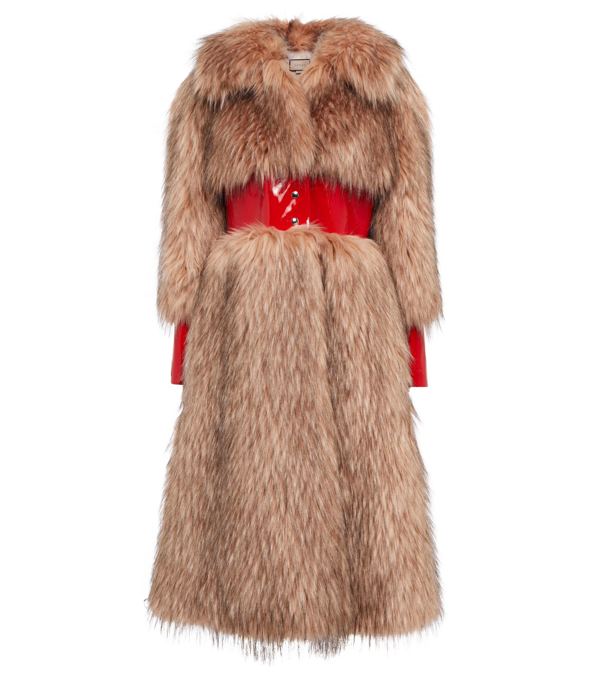 Gucci Faux Fur And Patent Leather Coat in Brown | Lyst