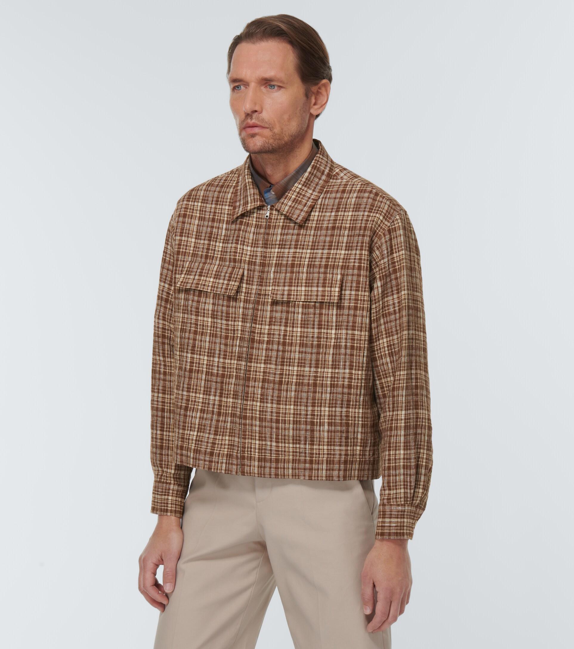 AURALEE Checked Linen And Silk Blouson Jacket in Brown for Men | Lyst