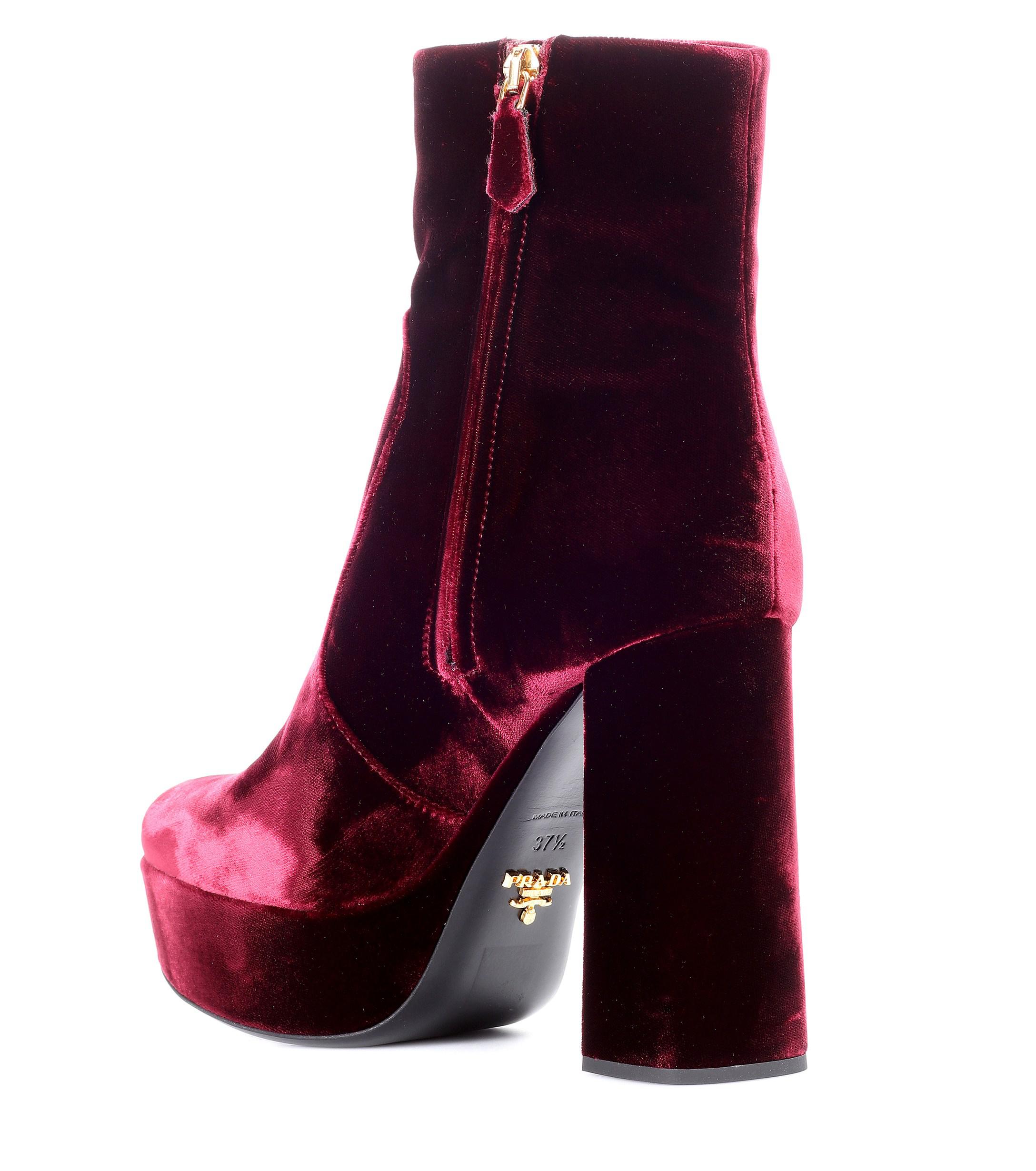 Prada Velvet Plateau Ankle Boots in Red - Lyst