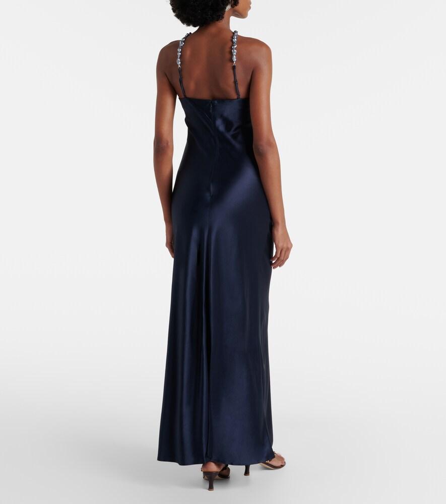 staud navy halter dress Staud Cadence Embellished Halterneck Satin Maxi Dress - Blue