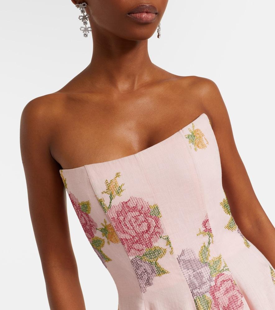markarian floral print monroe corset dress Markarian Floral Linen Corset Dress in Pink