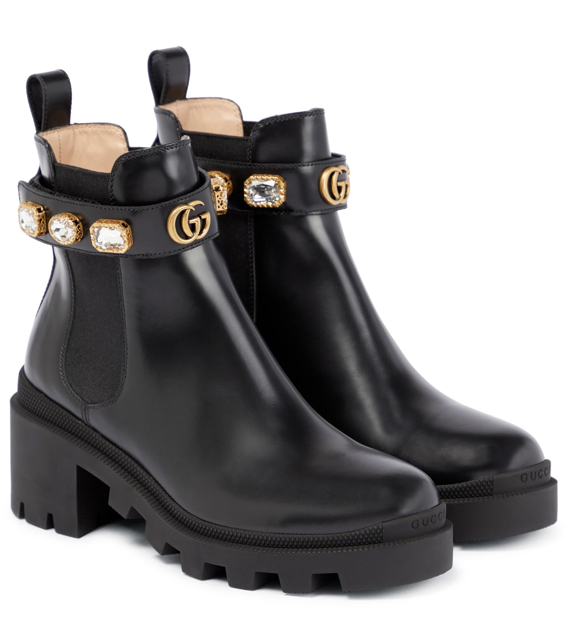 Gucci Embellished Leather Ankle Boots in Black | Lyst