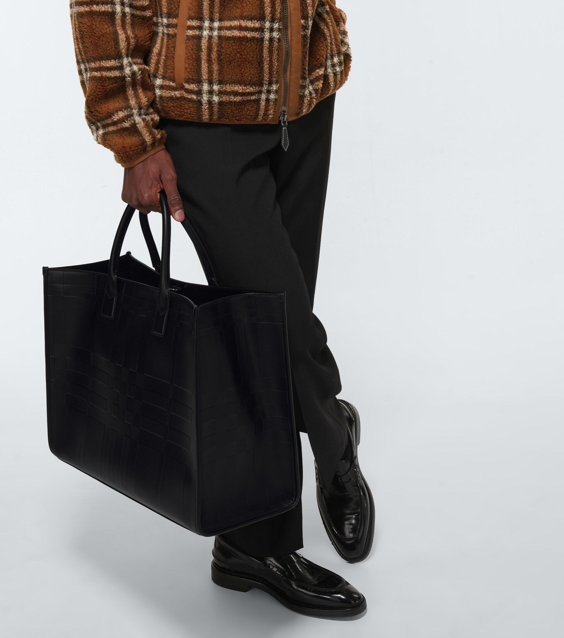 Burberry Leather Checked Tote Bag in Black for Men | Lyst