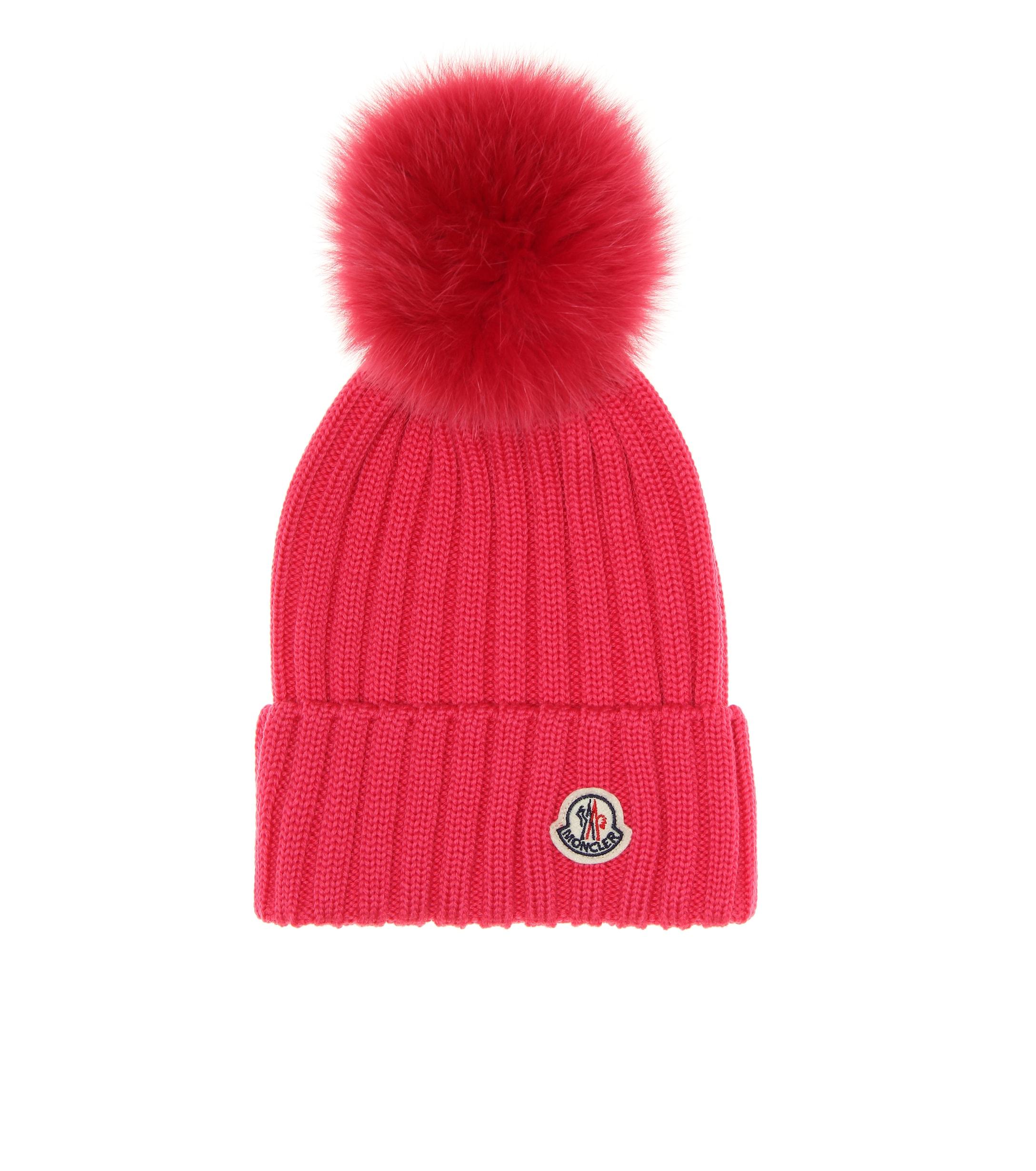 Moncler Fur-trimmed Wool Beanie in Pink - Lyst