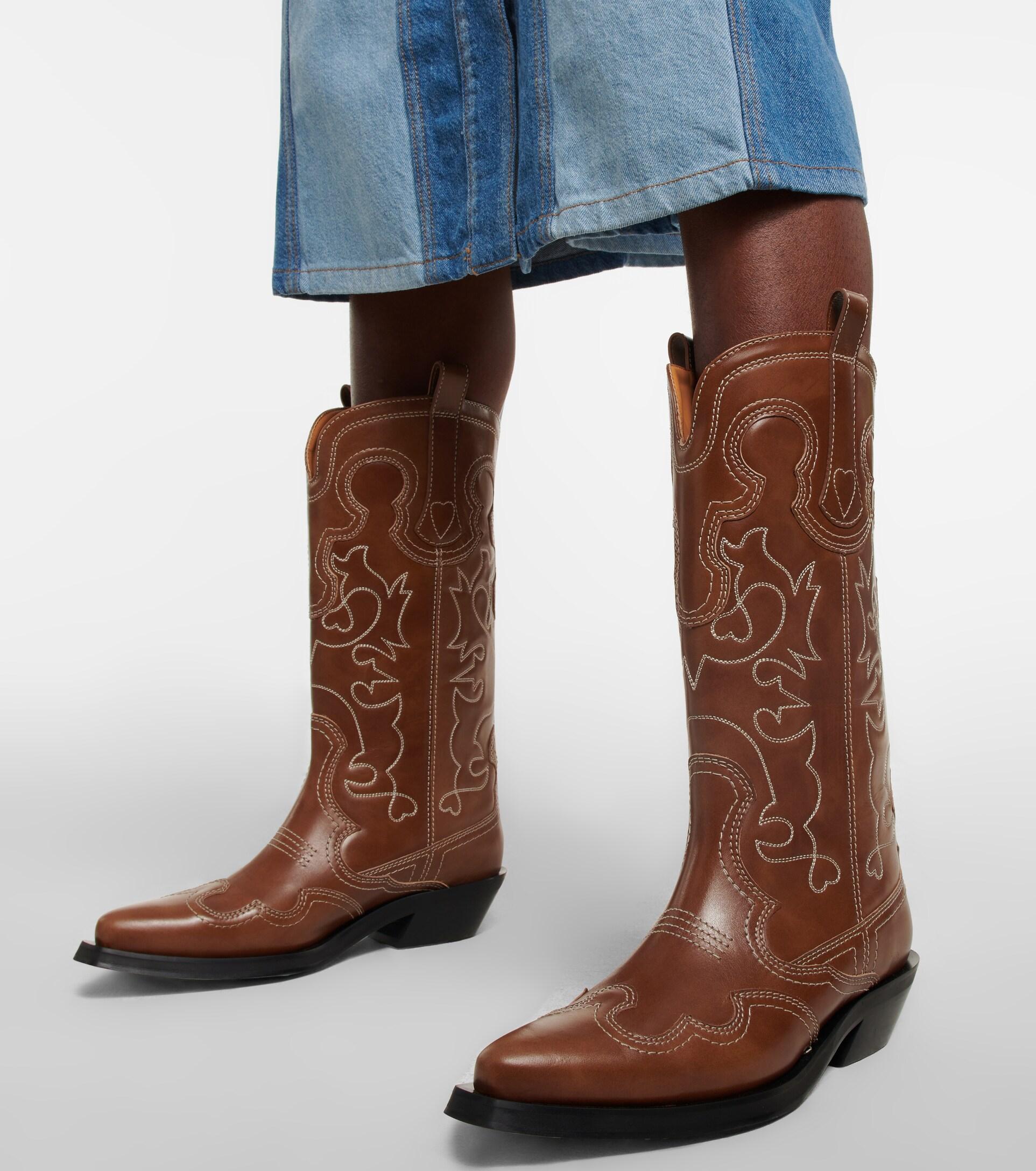 Ganni Embroidered Leather Cowboy Boots in Brown | Lyst