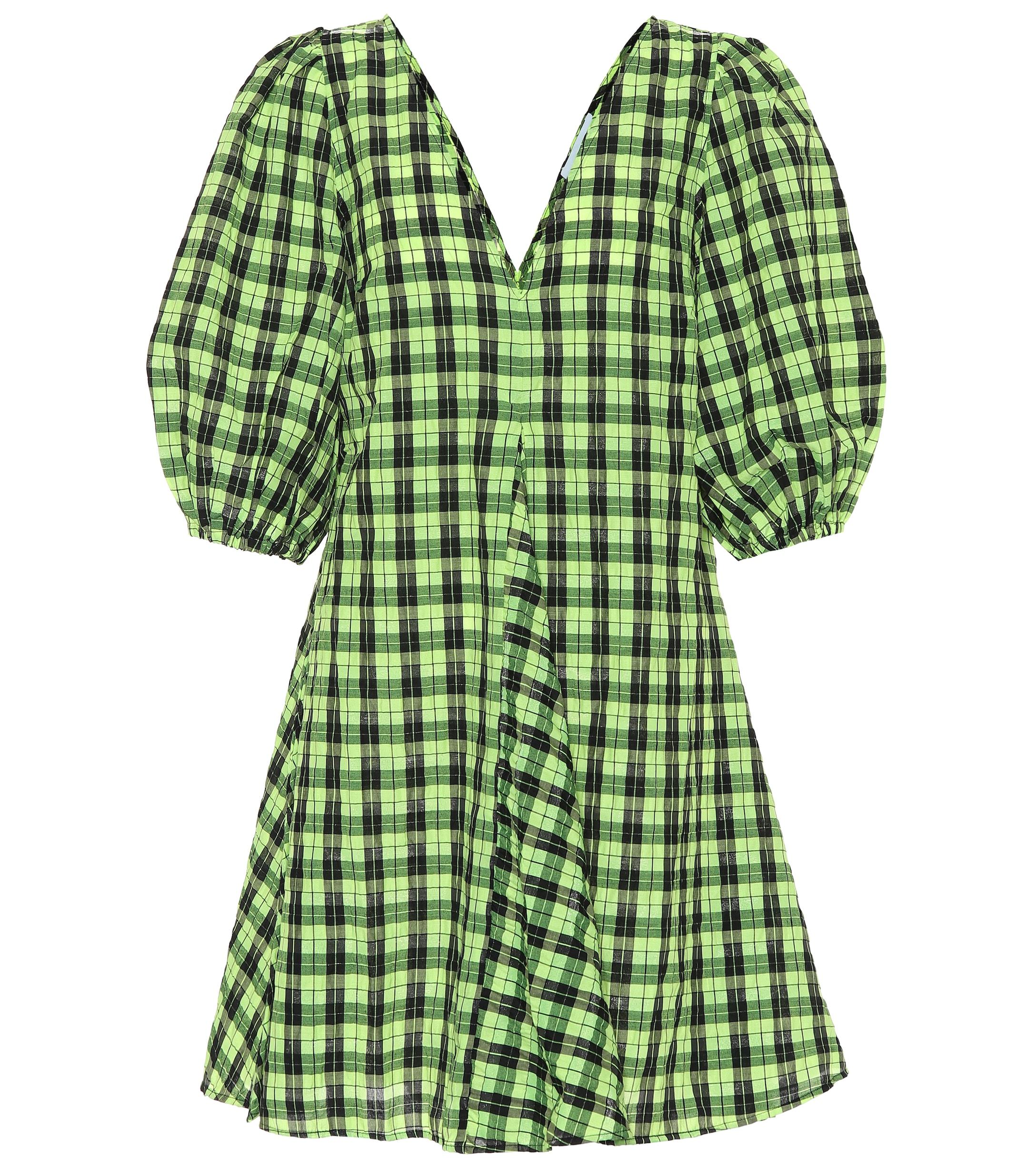 Ganni Checked Cotton-blend Seersucker Mini Dress in Green | Lyst UK