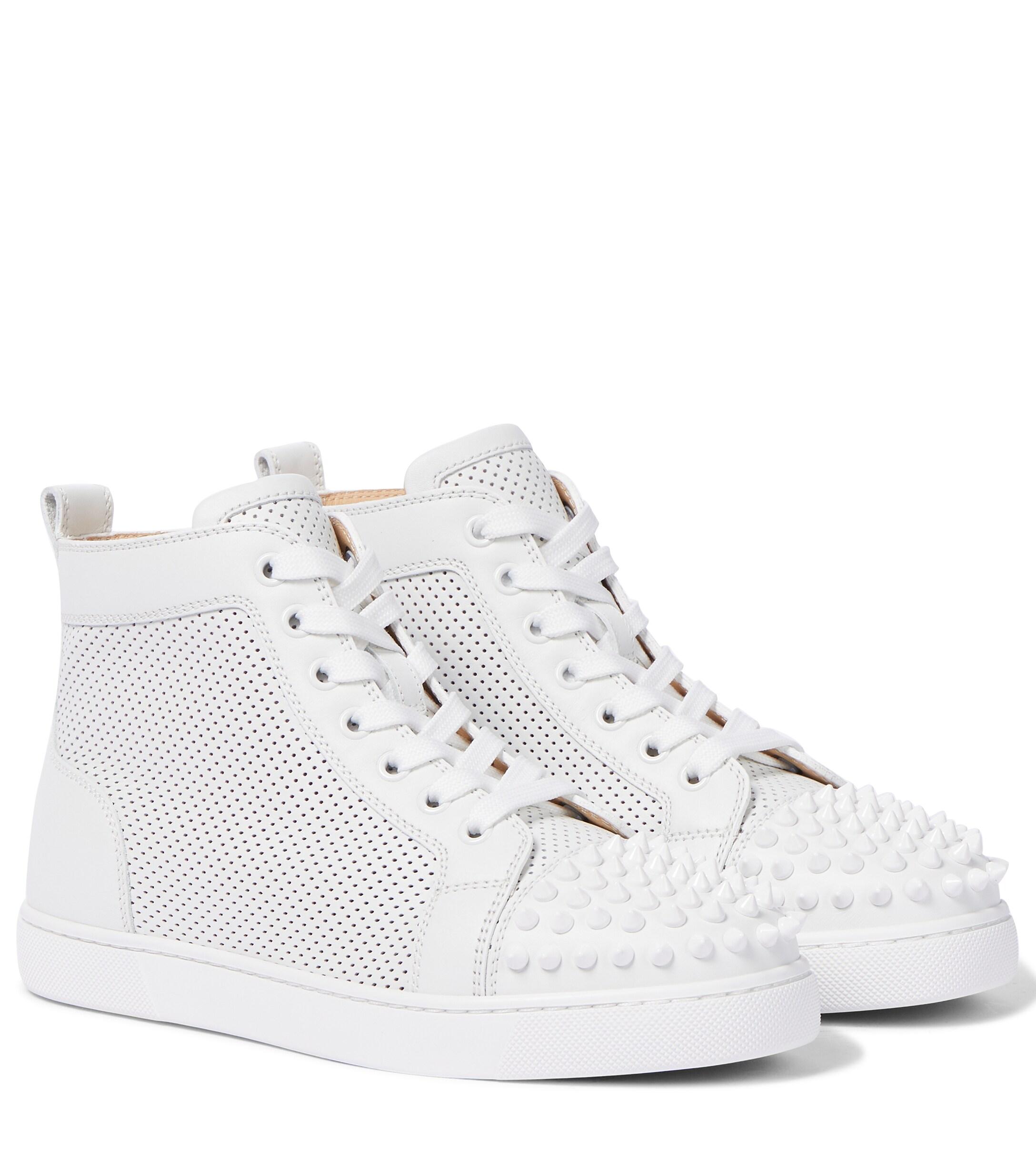 Christian Louboutin Fluo White Leather Spikes Louis High-Top Sneakers Size  6.5/37 - Yoogi's Closet