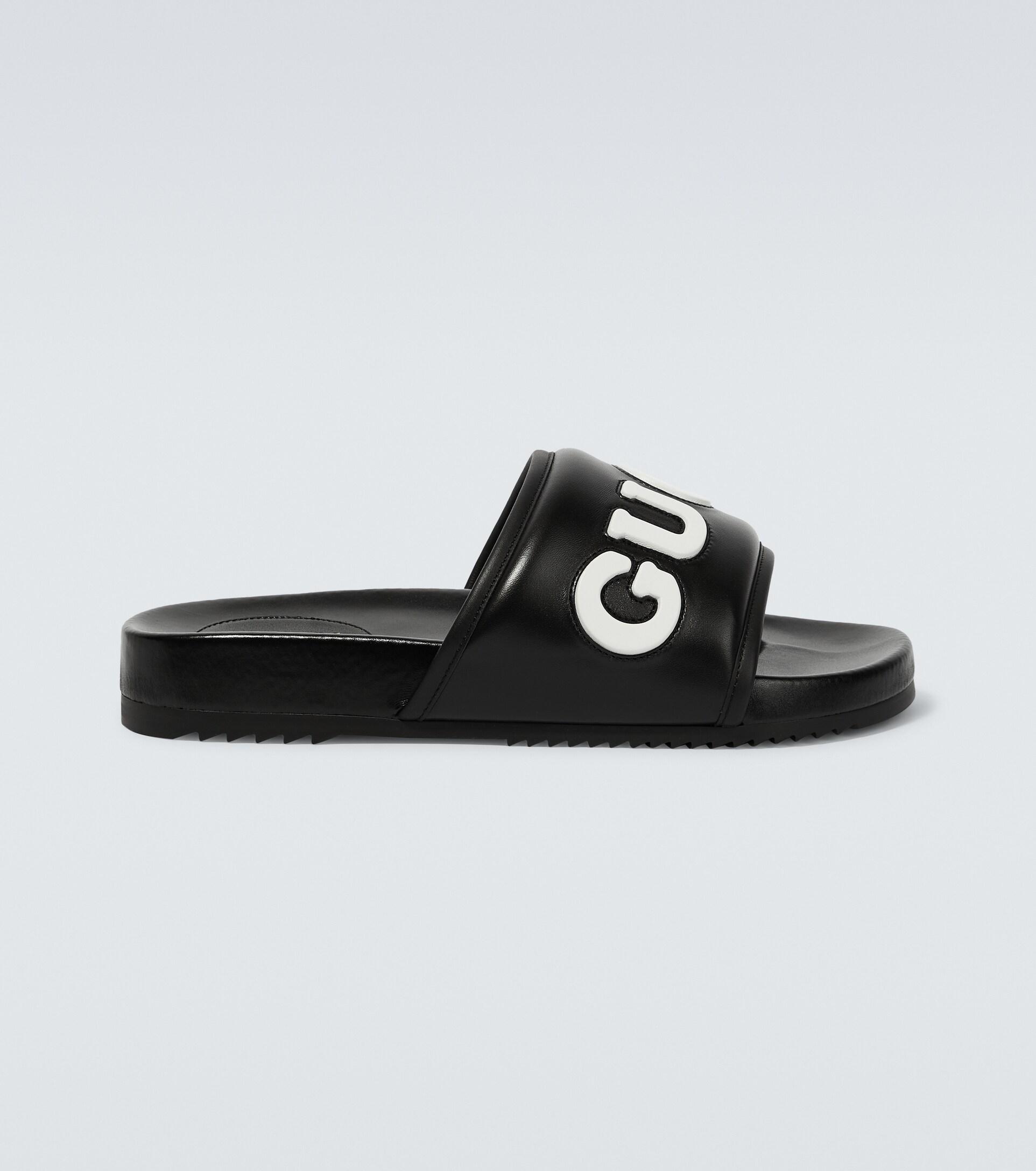Gucci Logo Leather Slides in Black for Men | Lyst