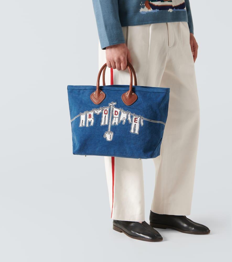 Bode Clothesline Leather-Trimmed Canvas Tote Bag in Blue for Men