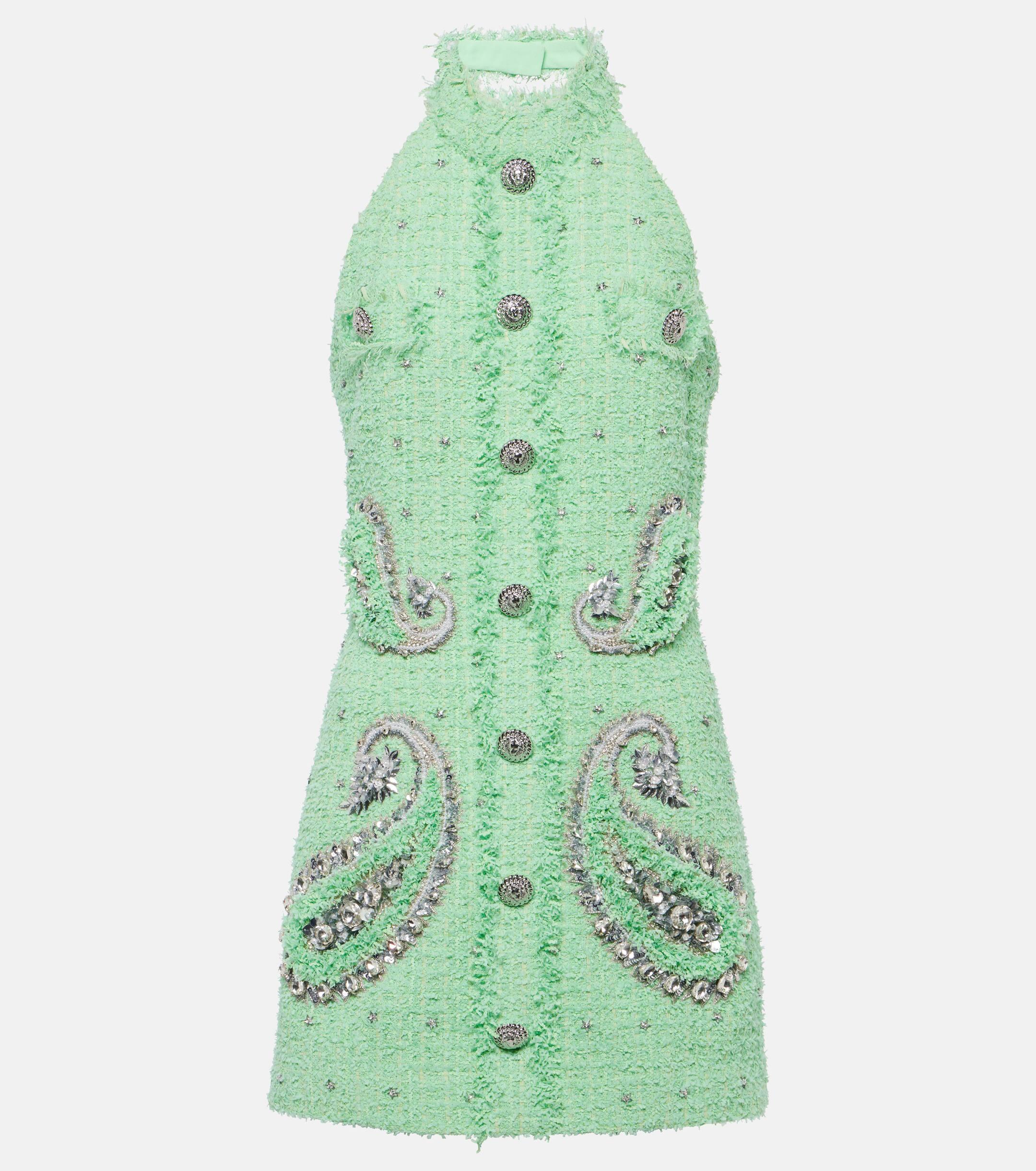 Balmain Embellished Tweed Minidress in Green | Lyst Canada