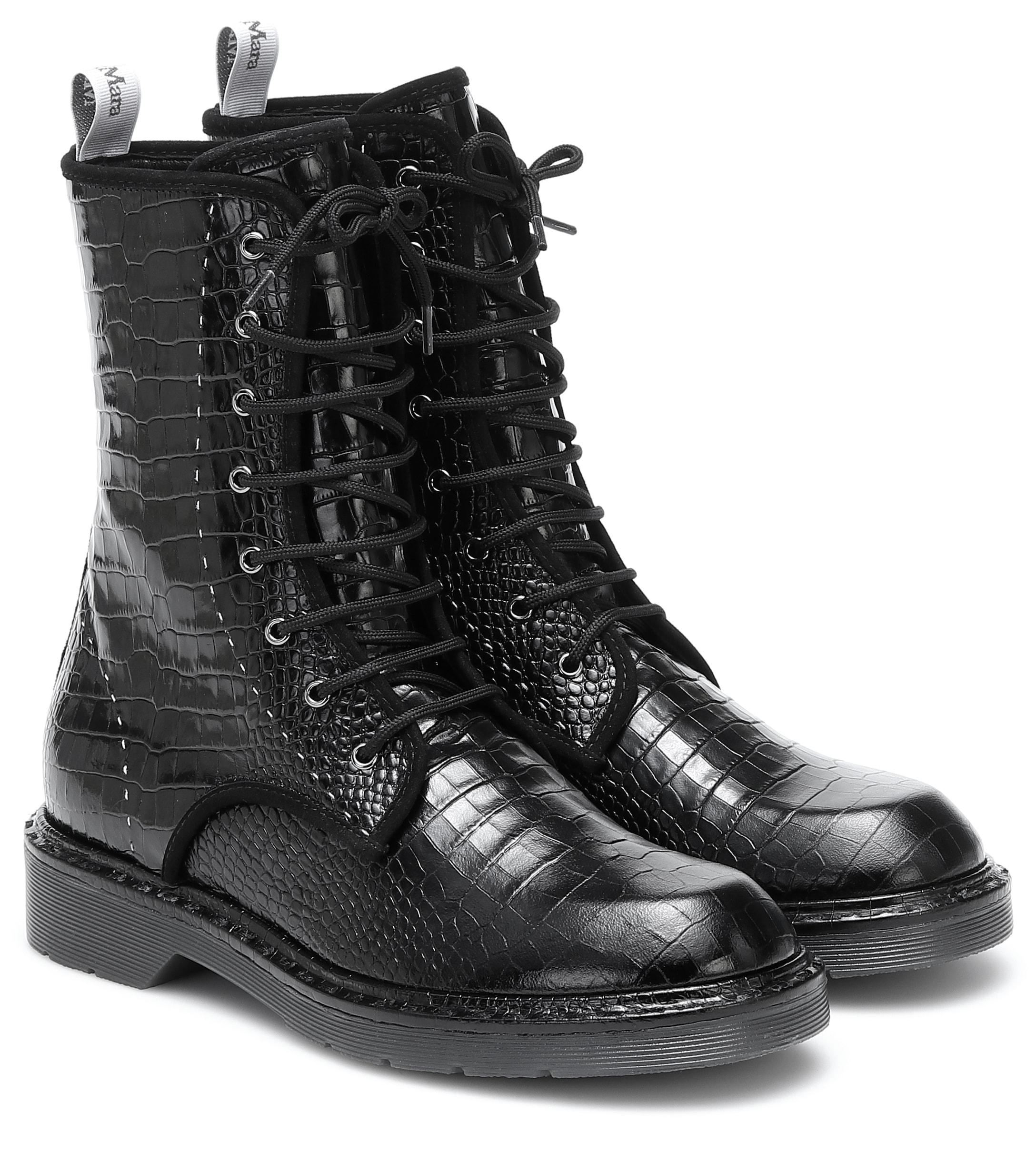 Max Mara Bon Croc-effect Leather Combat Boots in Black - Lyst