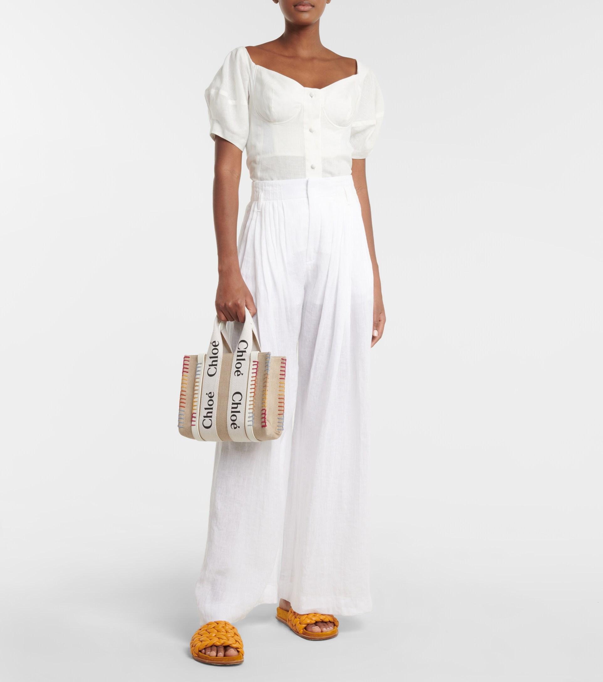 CHLOÉ + NET SUSTAIN Woody small embroidered leather-trimmed linen