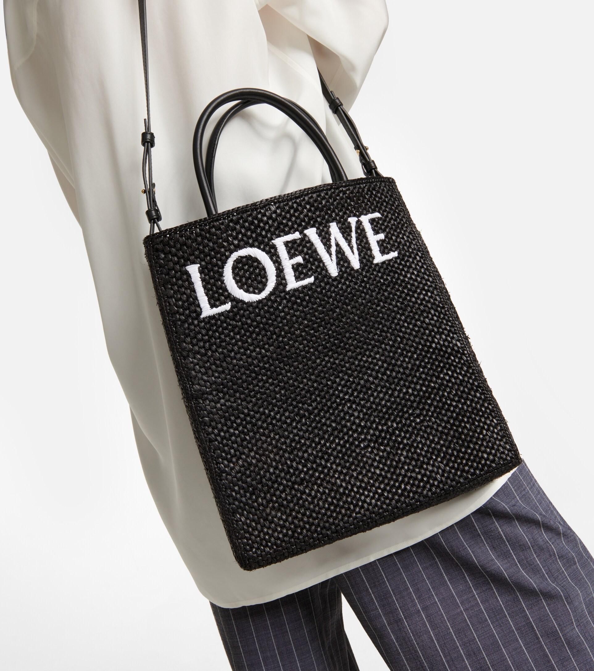 Loewe Logo Leather-trimmed Raffia Tote Bag in Black
