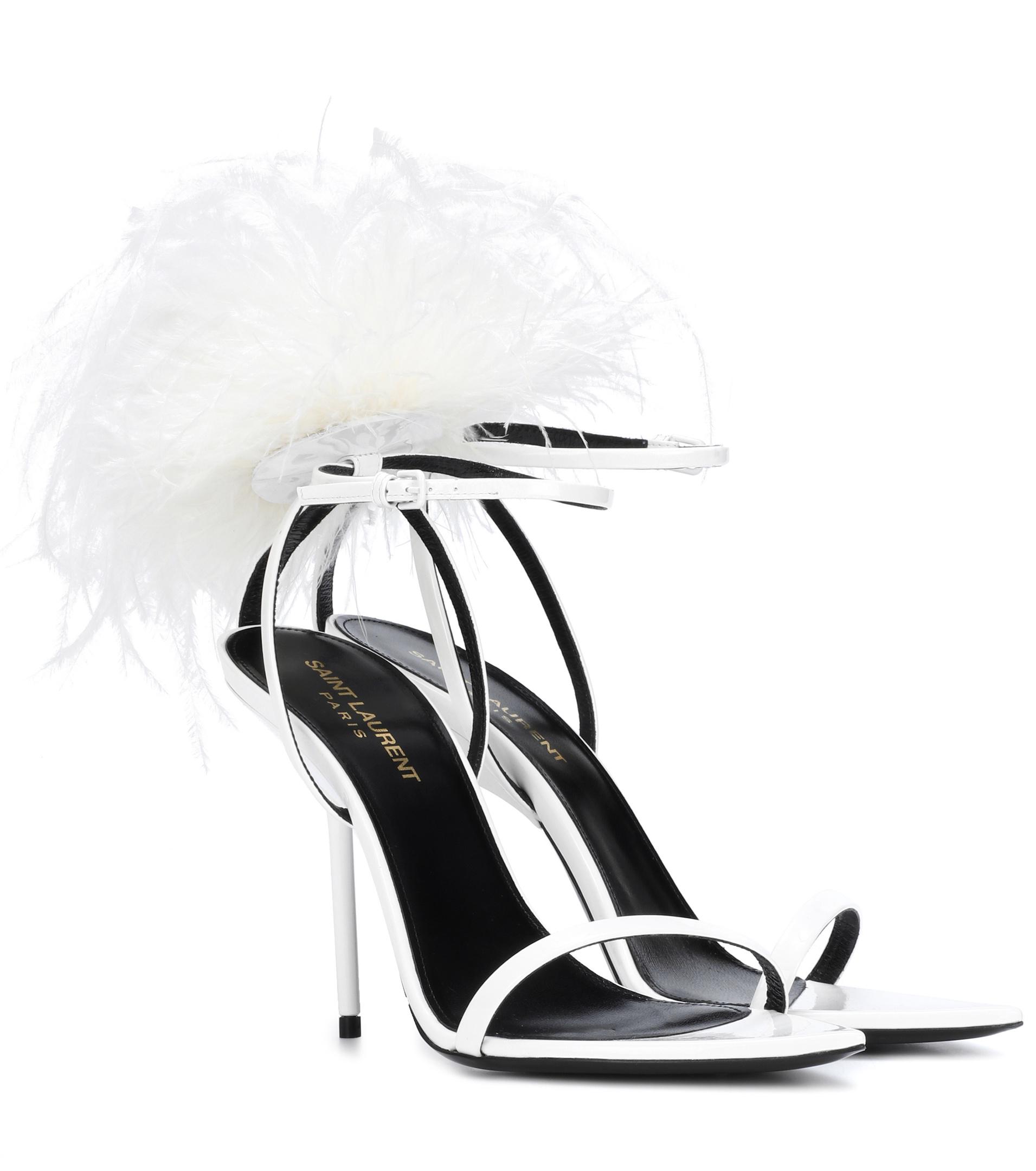 Saint Laurent Inez Feather-trimmed Leather Sandals in White - Lyst