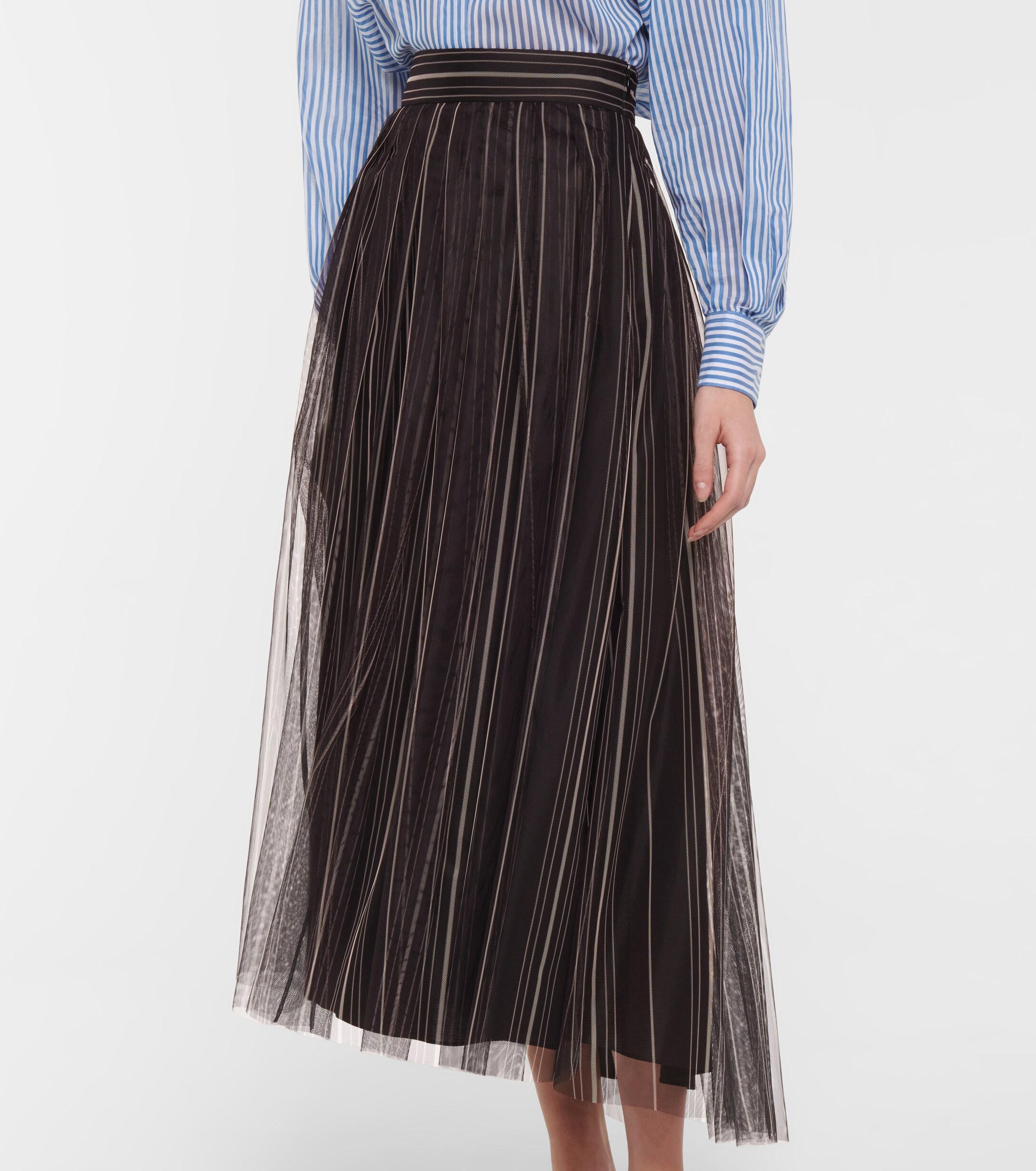 Brunello Cucinelli Striped Tulle Midi Skirt in Black - Lyst
