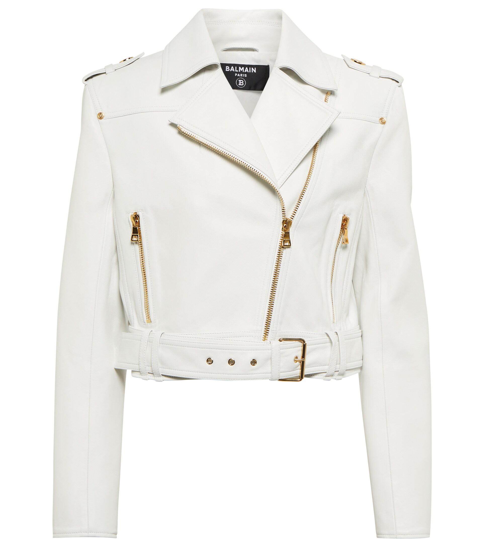 Balmain Leather Biker Jacket in White | Lyst