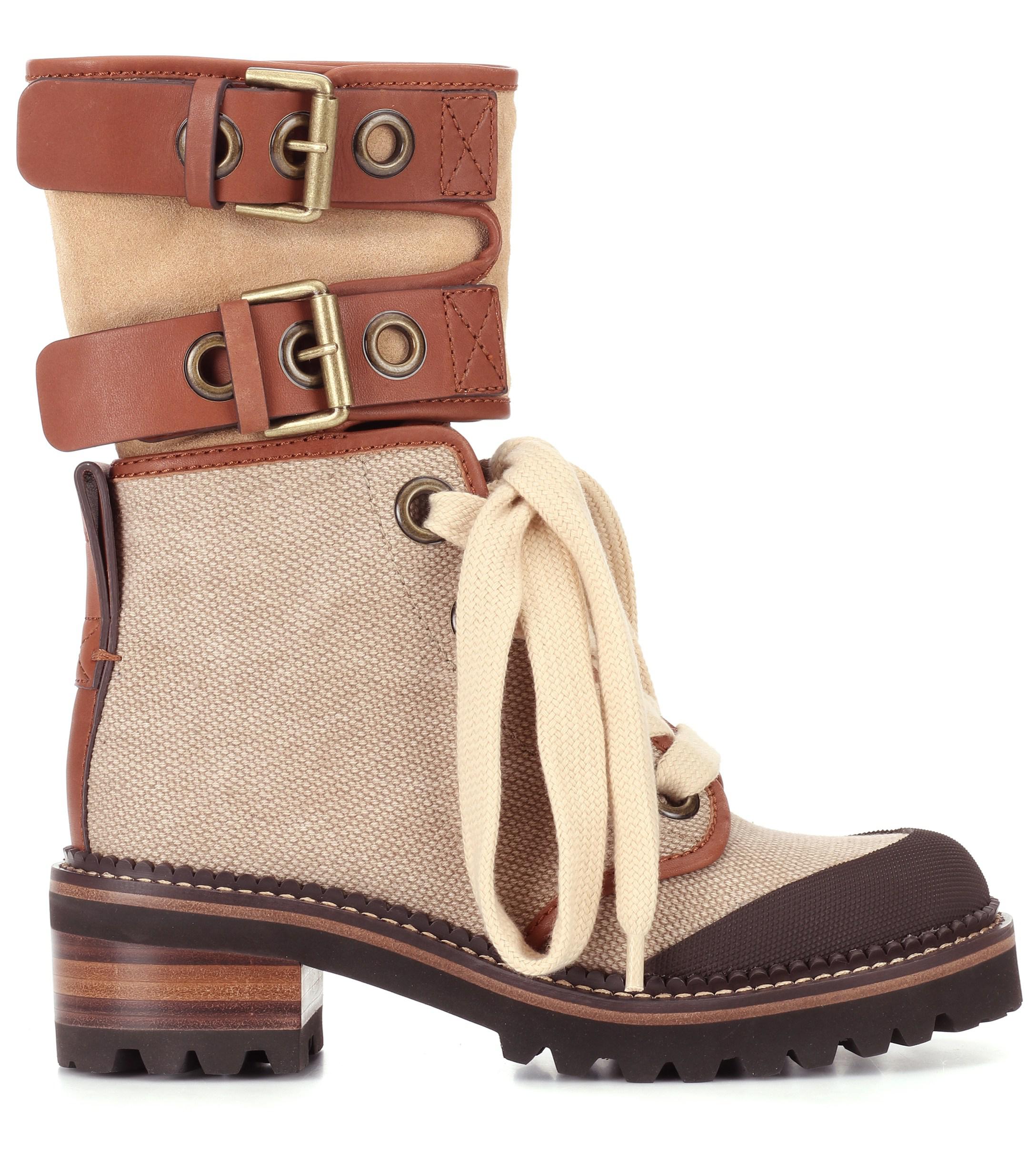 See By Chloé Canvas And Suede Ankle Boots in Beige See By Chloé Canvas And Suede Ankle Boots in Beige