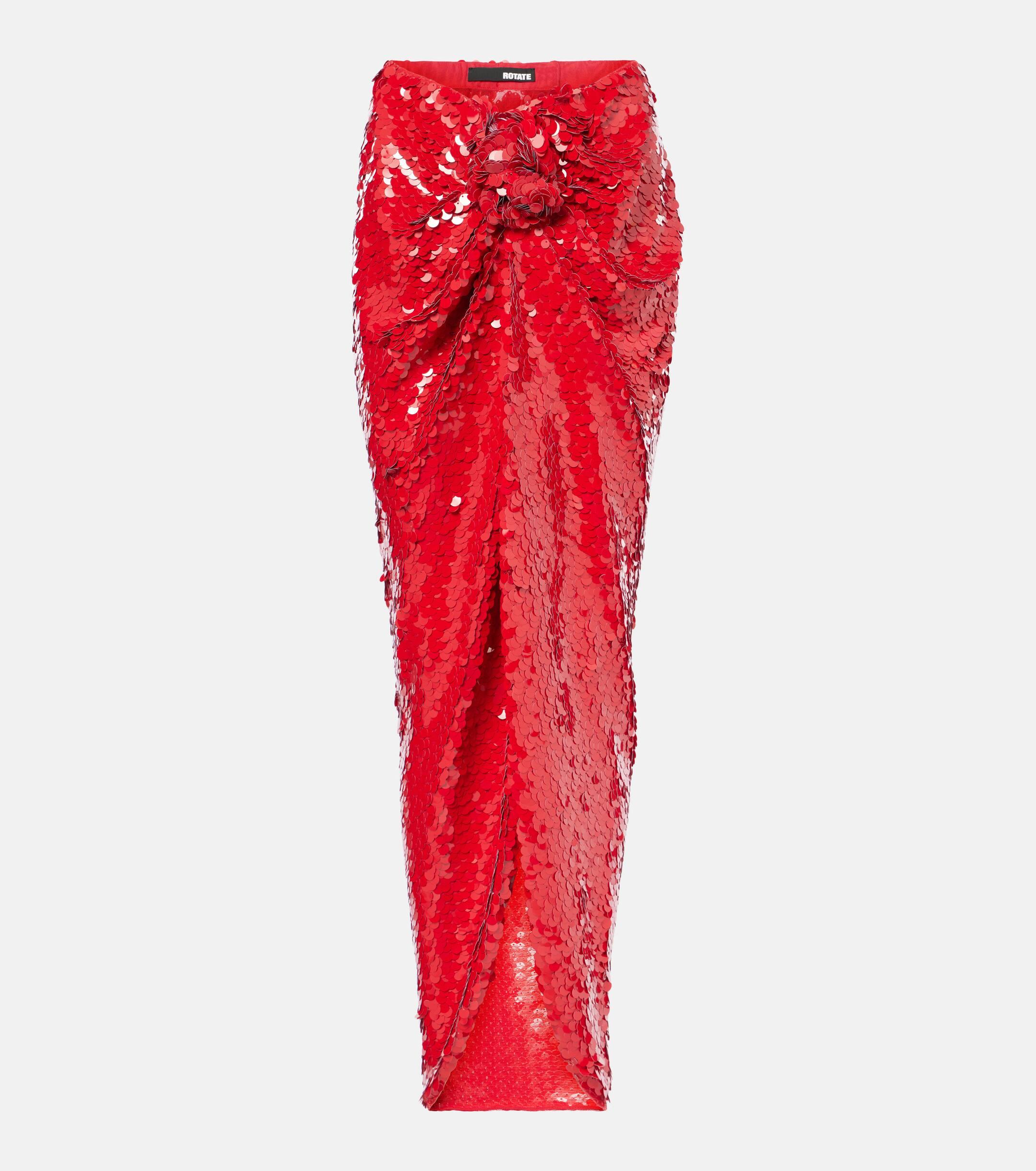 ROTATE BIRGER CHRISTENSEN Asymmetric Sequined Maxi Skirt in Red