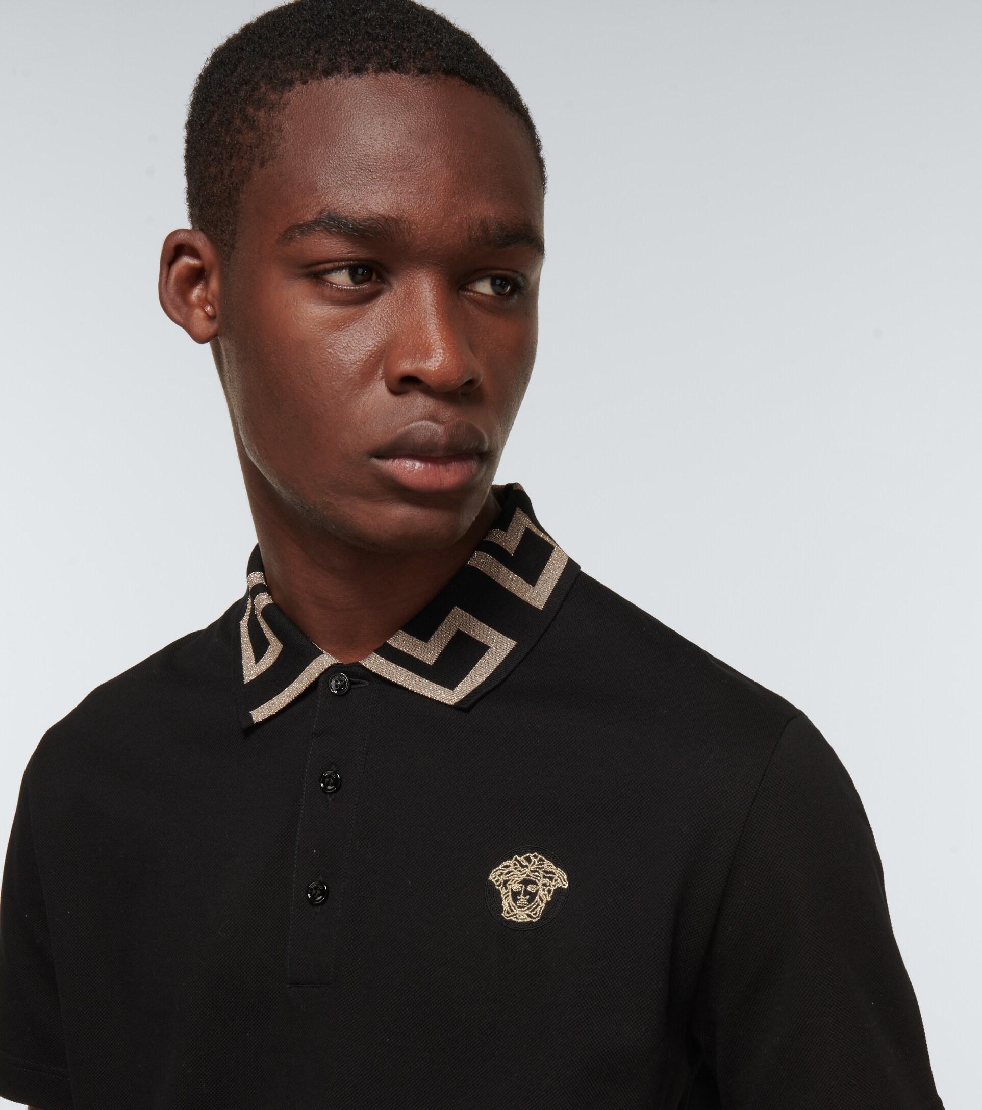 Versace Greca Cotton Pique Polo Shirt in Black for Men | Lyst