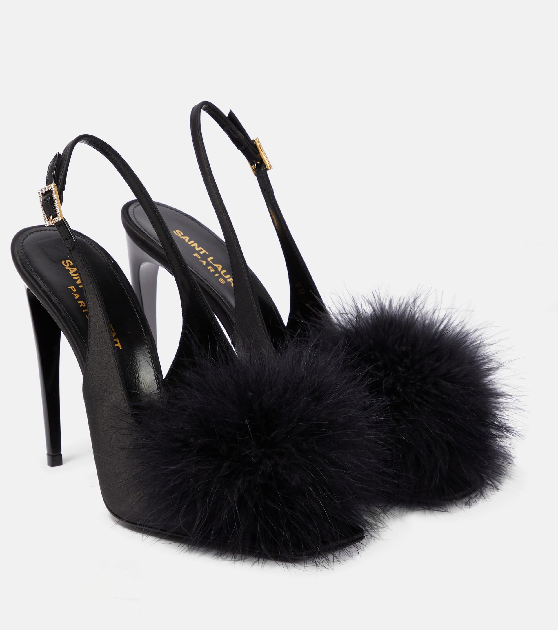 Saint Laurent Mae 110 Feather-trimmed Leather Sandals in Black | Lyst