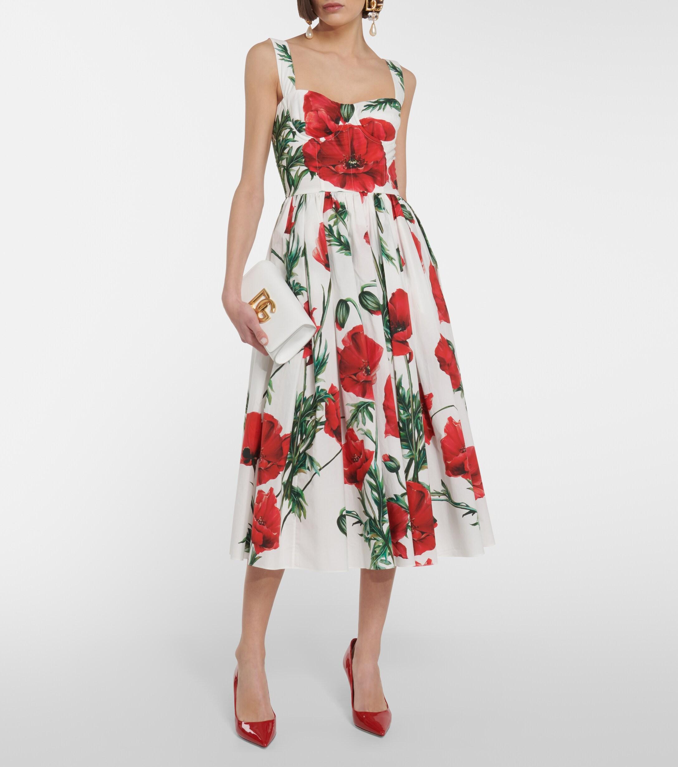 Robe midi en coton a fleurs Dolce & Gabbana en coloris Rouge | Lyst