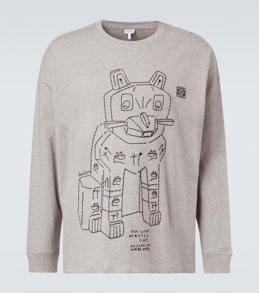 Loewe X Louis Wain Cat Long-Sleeves Cotton-Jersey T-Shirt in Gray 