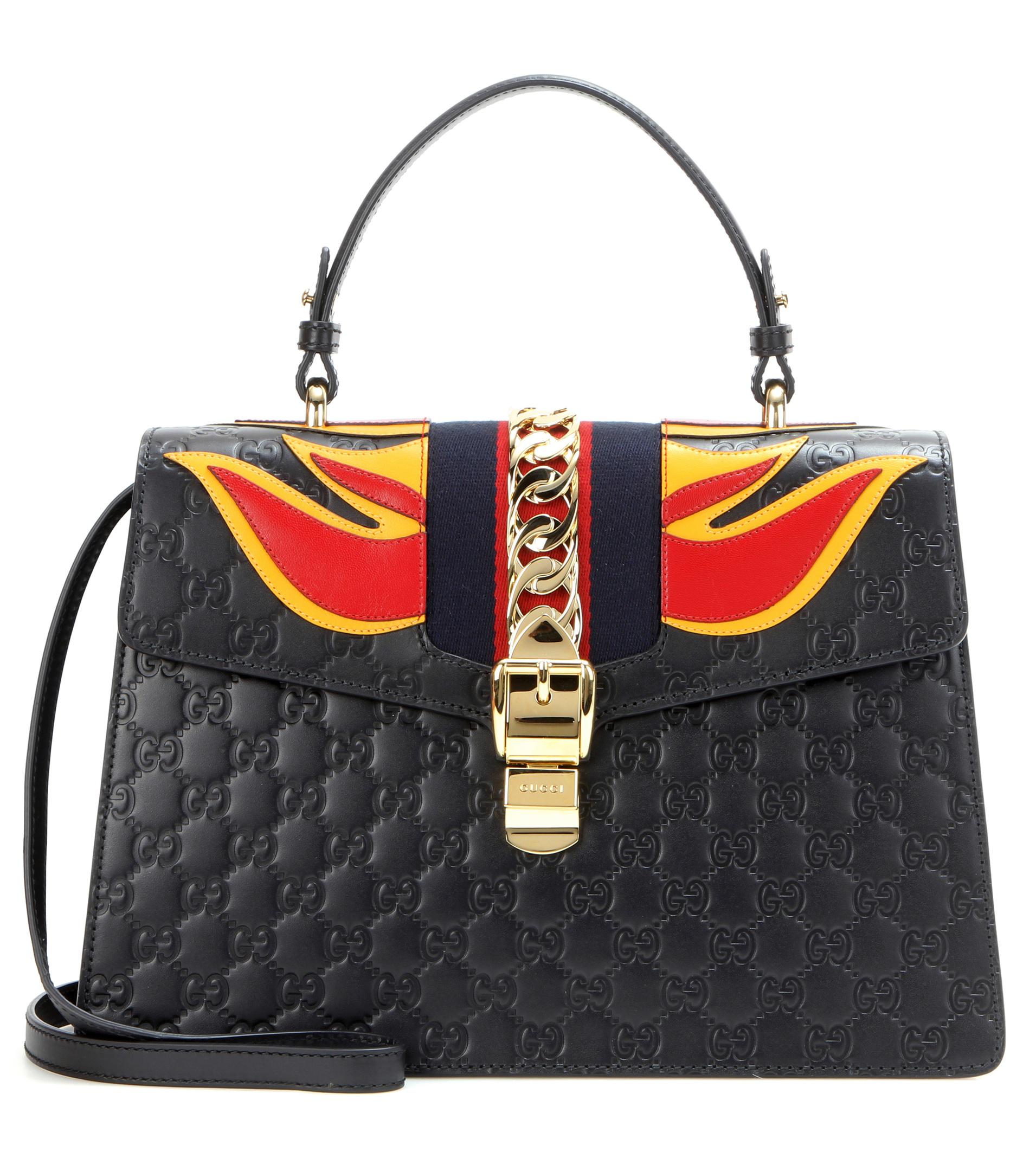 Gucci Signature Sylvie Embossed Leather Shoulder Bag in Black - Lyst
