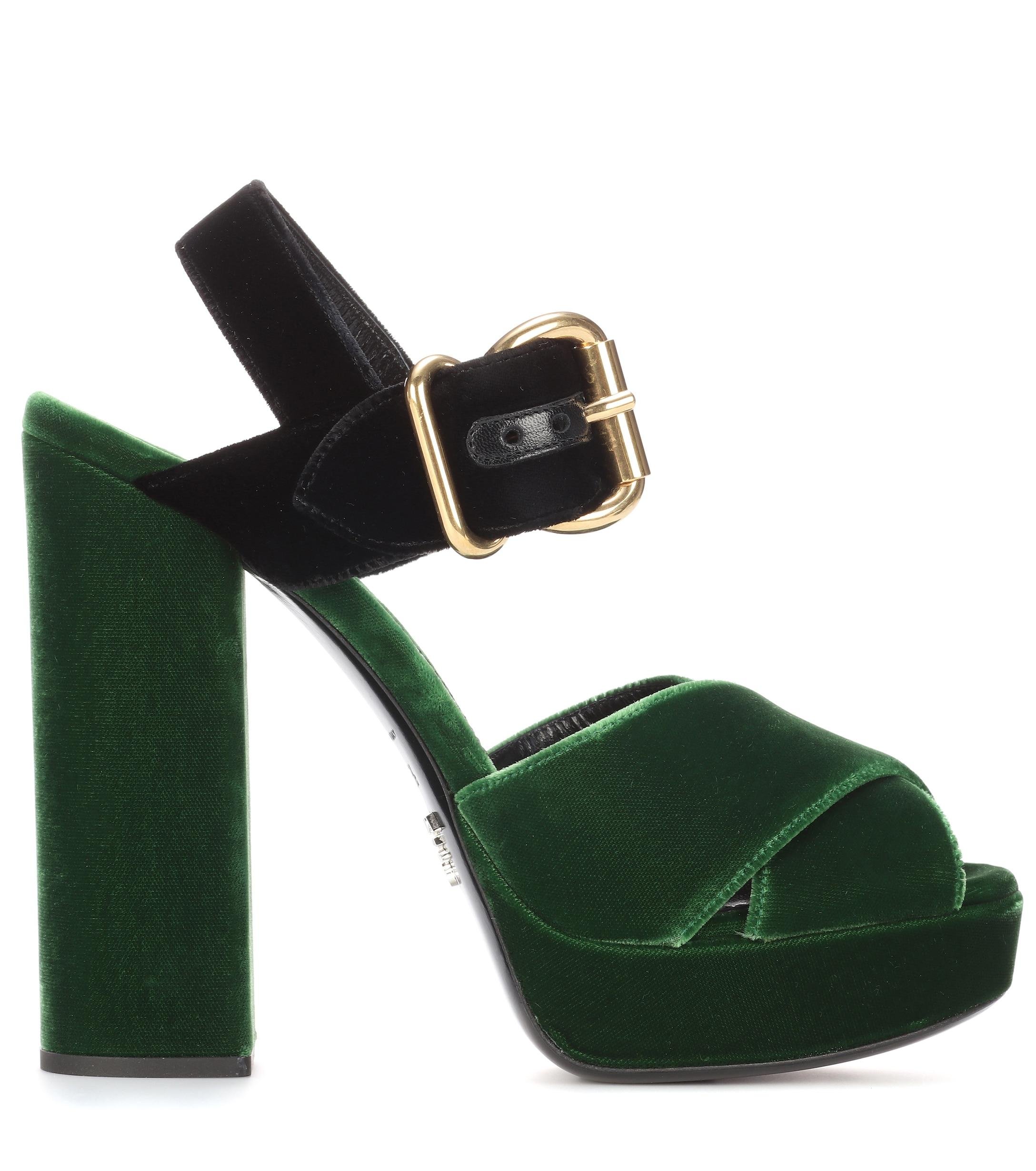 Prada Velvet Platform Sandals in Green | Lyst