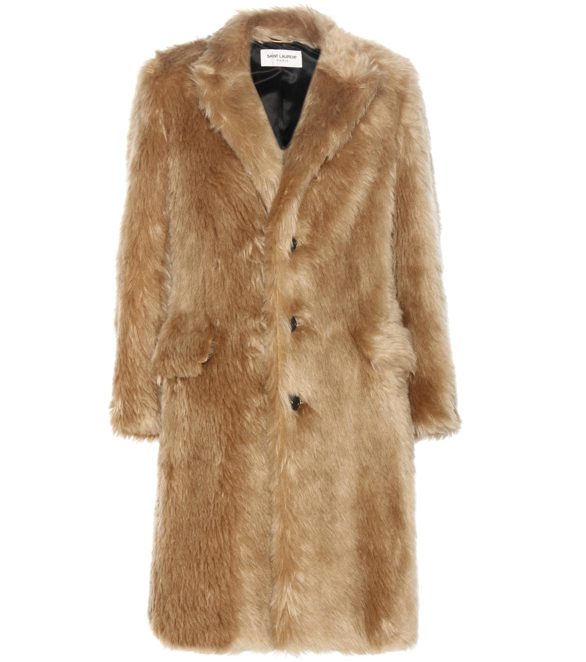 Saint Laurent Wool Faux-fur Coat in Beige (Natural) - Lyst