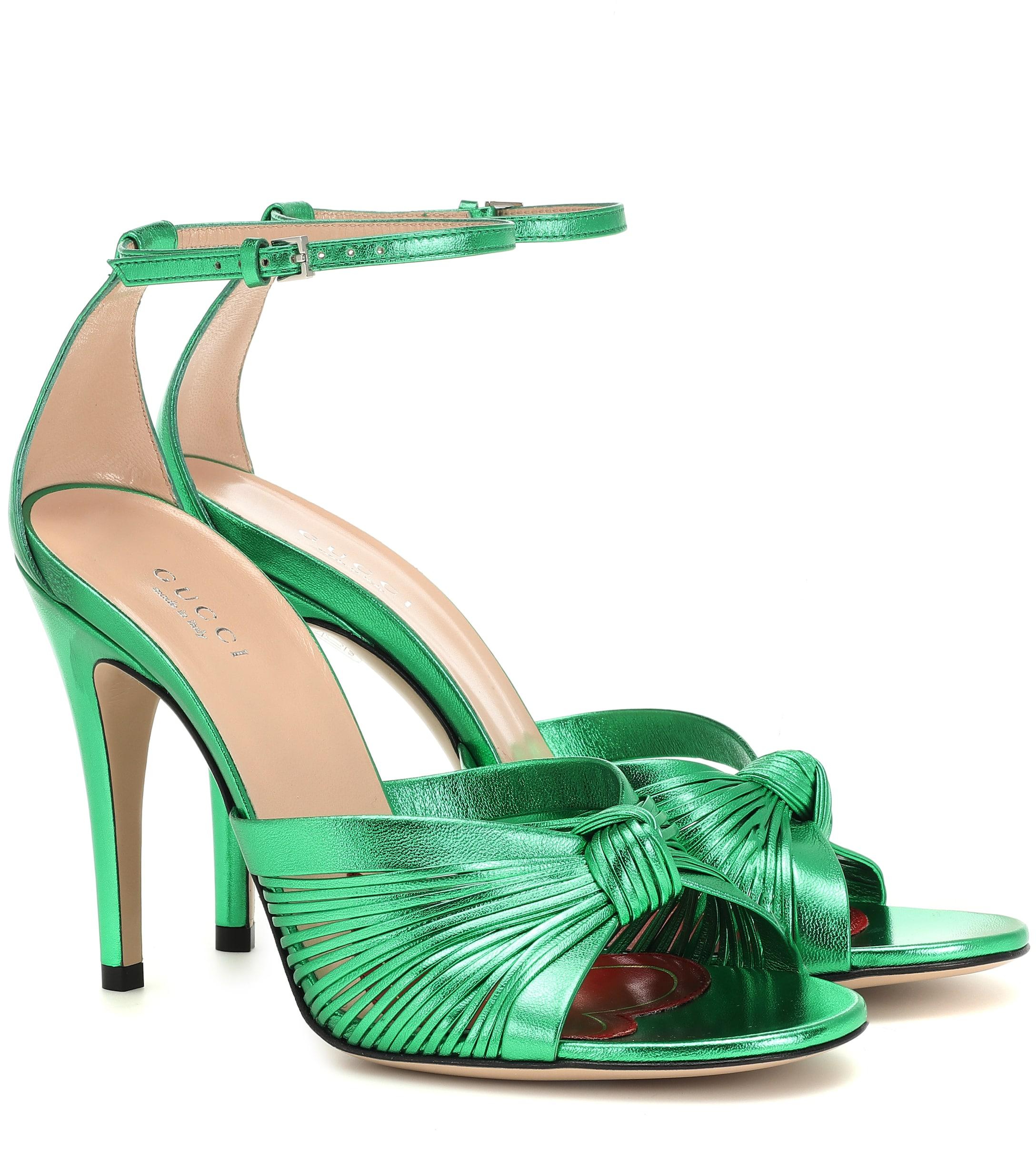 Gucci Metallic Leather Sandals in Green | Lyst