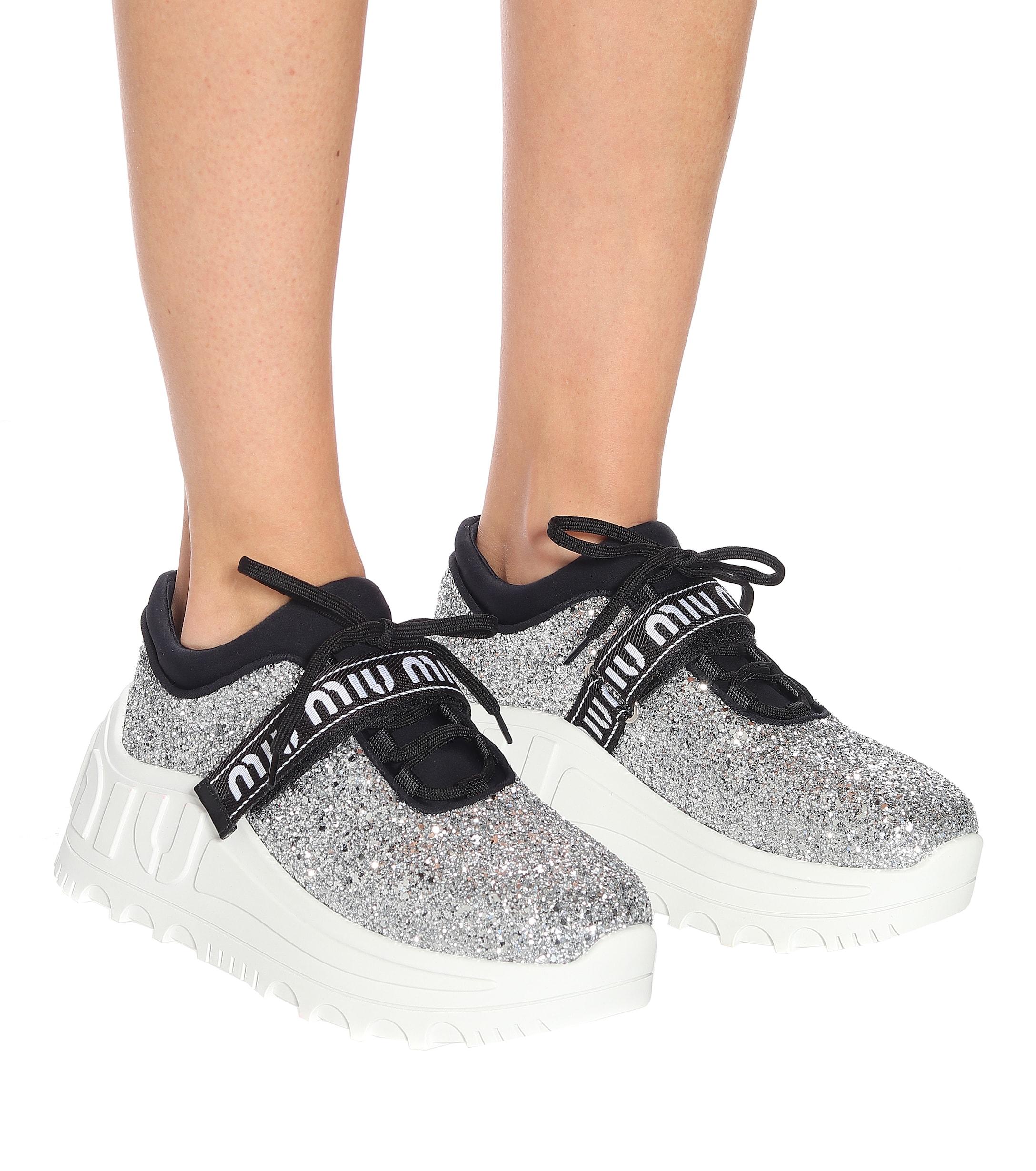 Miu Miu Logo Glitter Sneakers in Silver (Metallic) - Lyst