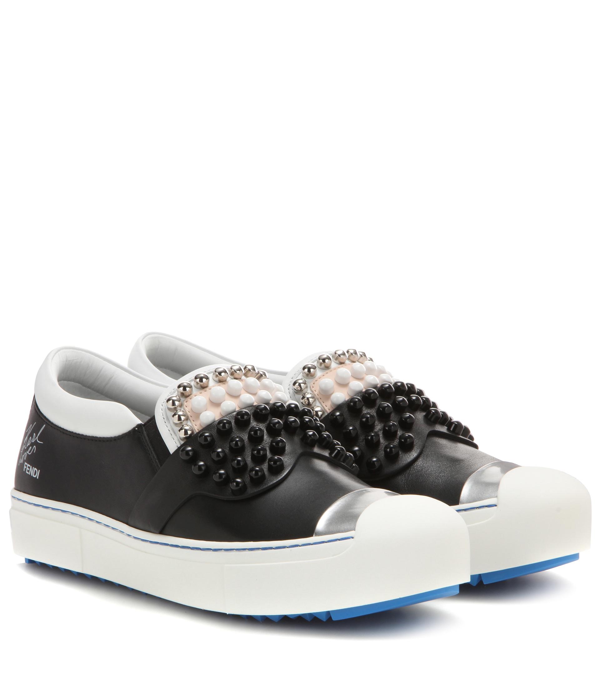 Fendi Embellished Slip-on Leather Sneakers in Black - Lyst