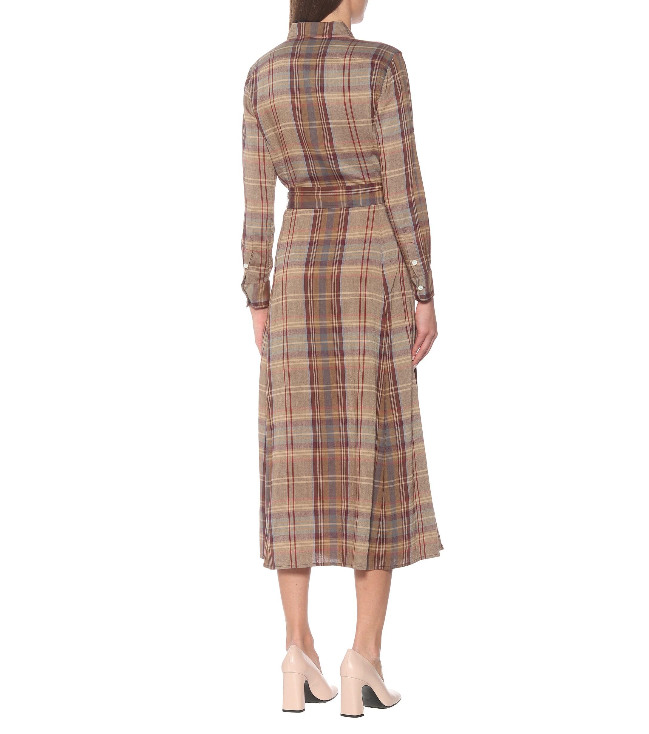 Polo Ralph Lauren Checked Flannel Midi Dress in Brown - Lyst
