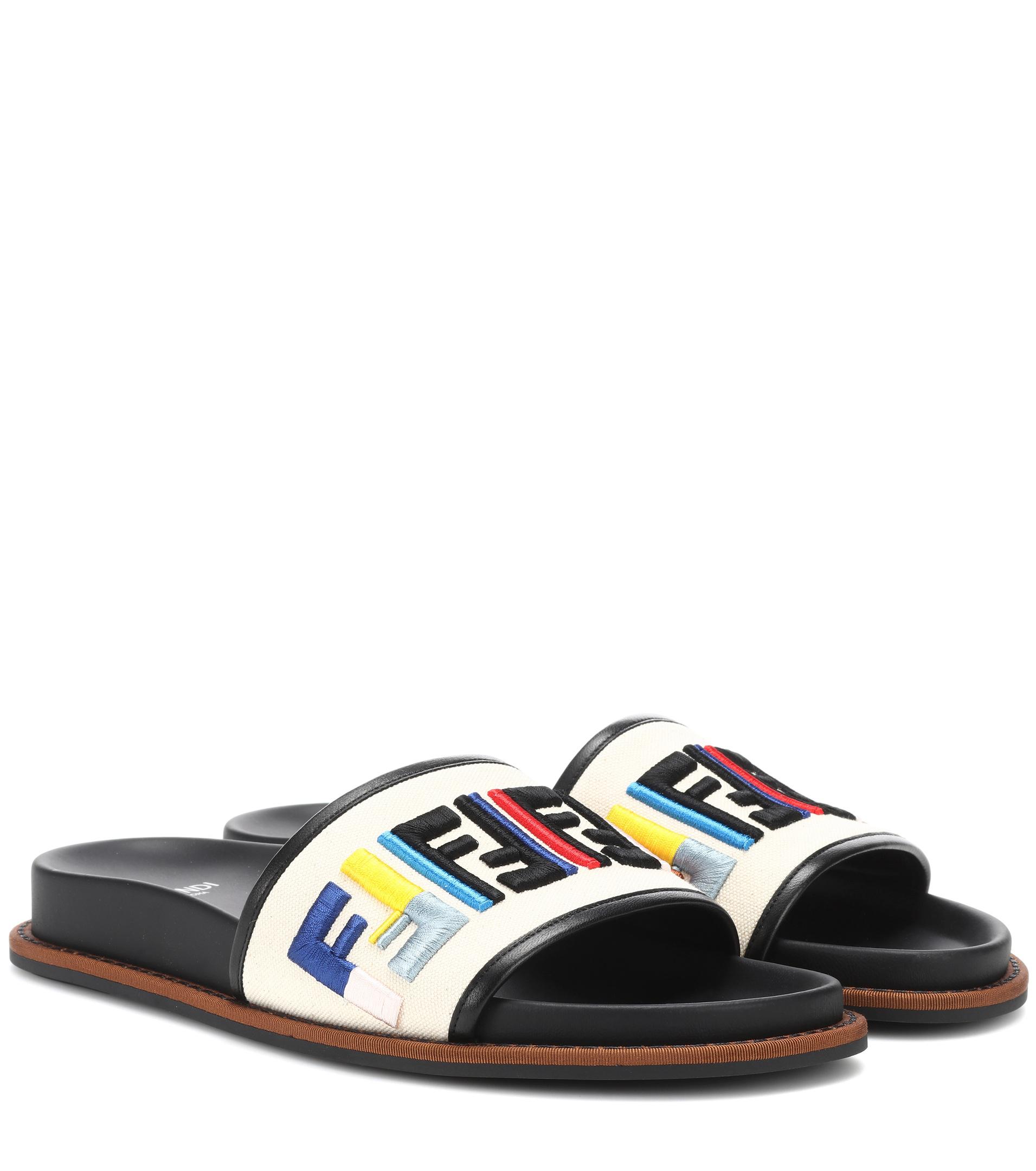 Fendi Embroidered Leather Slides in 