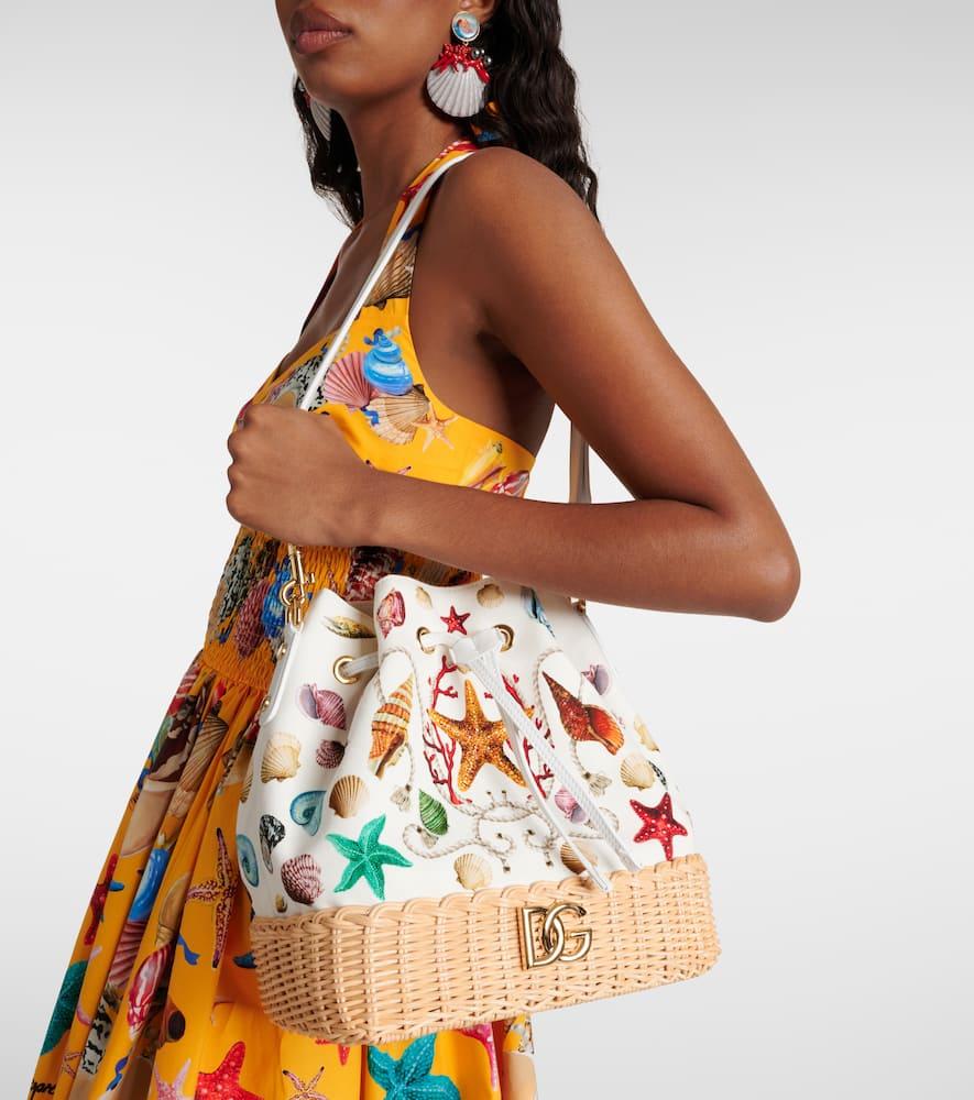 Dolce & Gabbana Capri Dg Raffia-Trimmed Canvas Bucket Bag in
