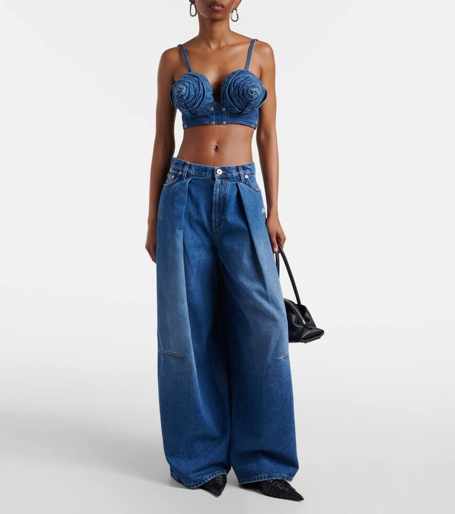 Jean Paul Gaultier Embroidered Pleated Wide-Leg Jeans in Blue