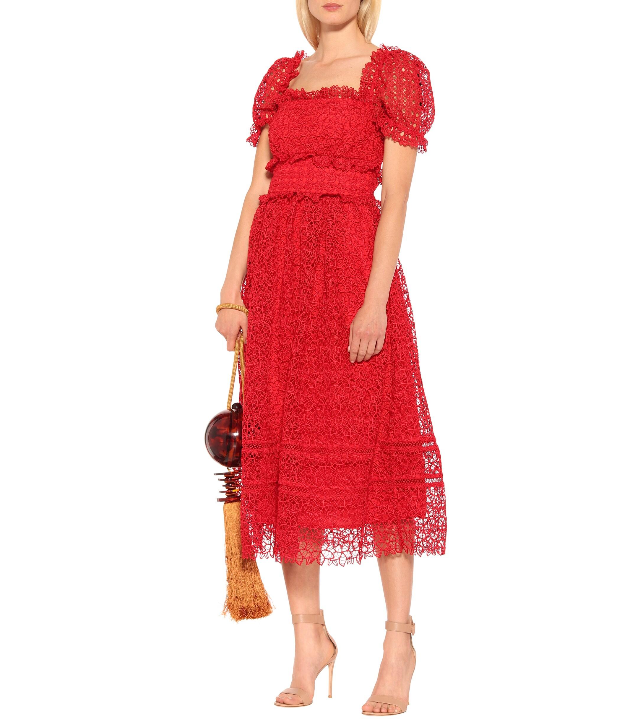 SelfPortrait Guipure Lace Midi Dress in Red Lyst