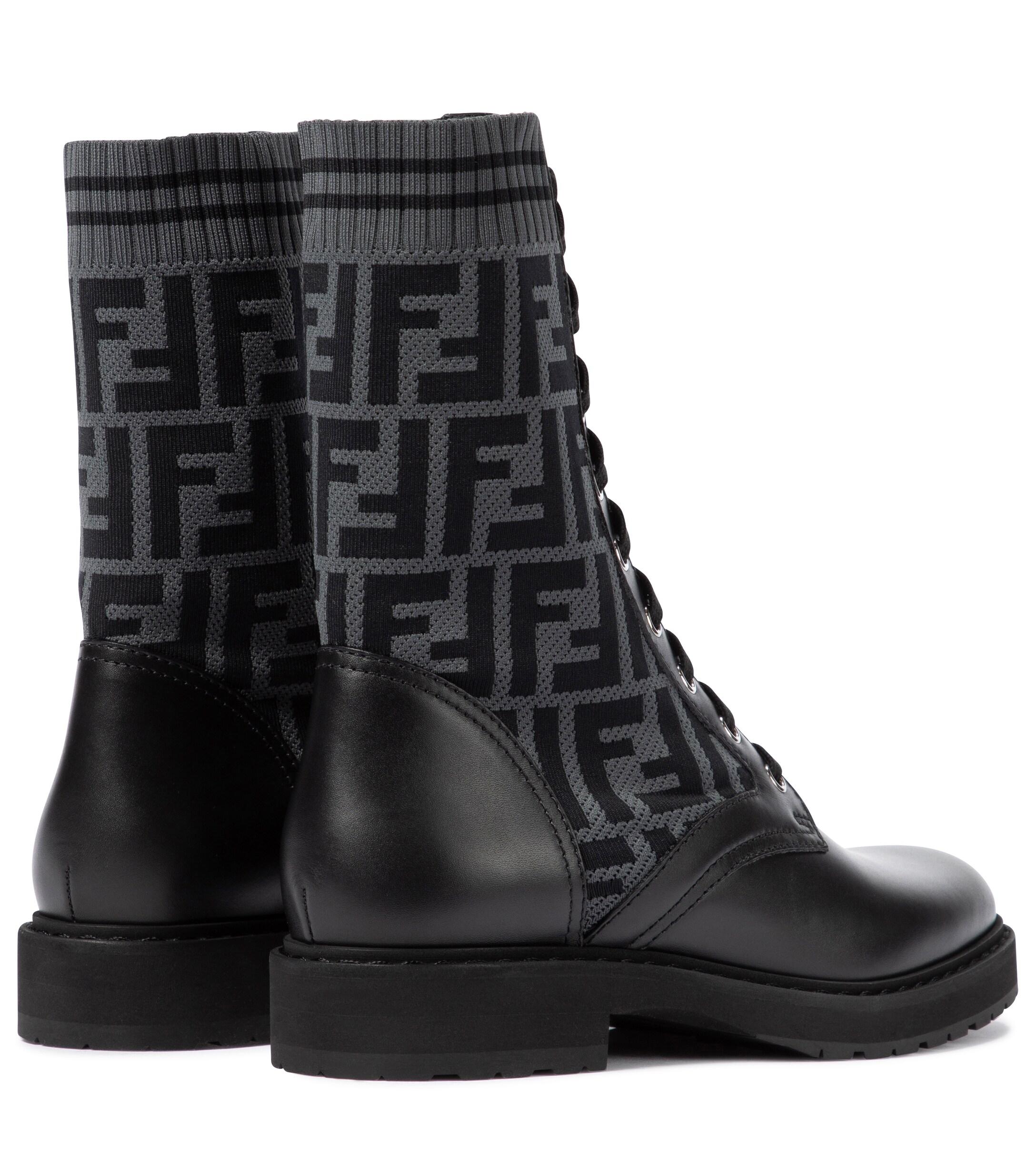 Fendi Rockoko Ff Leather-trimmed Combat Boots in Black | Lyst